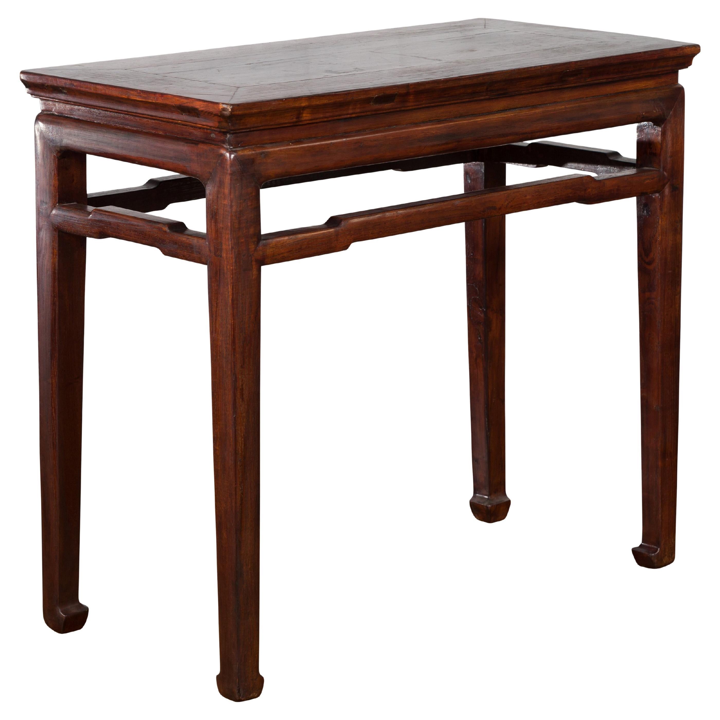 Chinese Qing Dynasty 19th Century Elm Wine Table with Humpback Stretchers For Sale