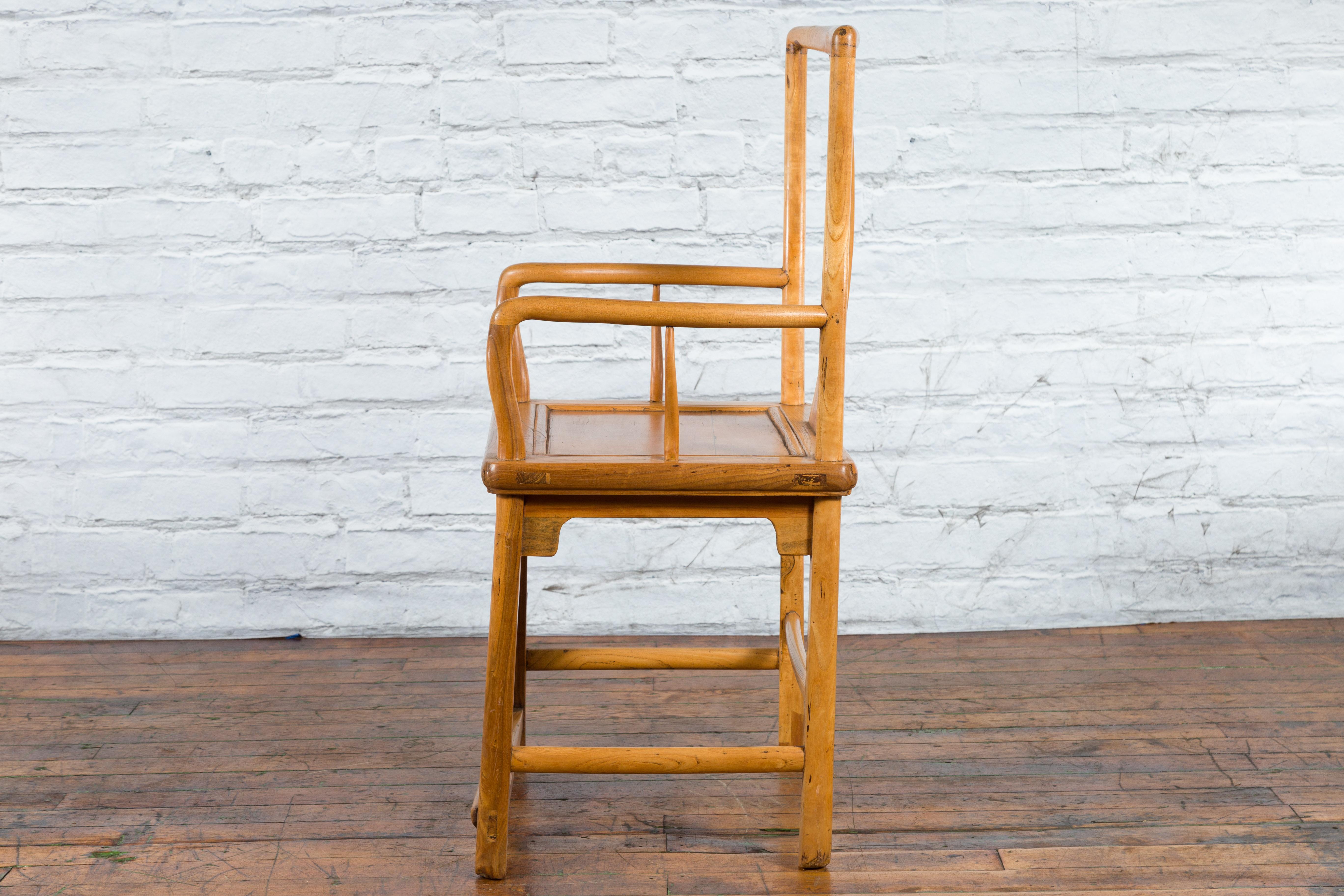 Chinese Qing Dynasty 19th Century Elmwood Armchair with Hand-Carved Medallion For Sale 11