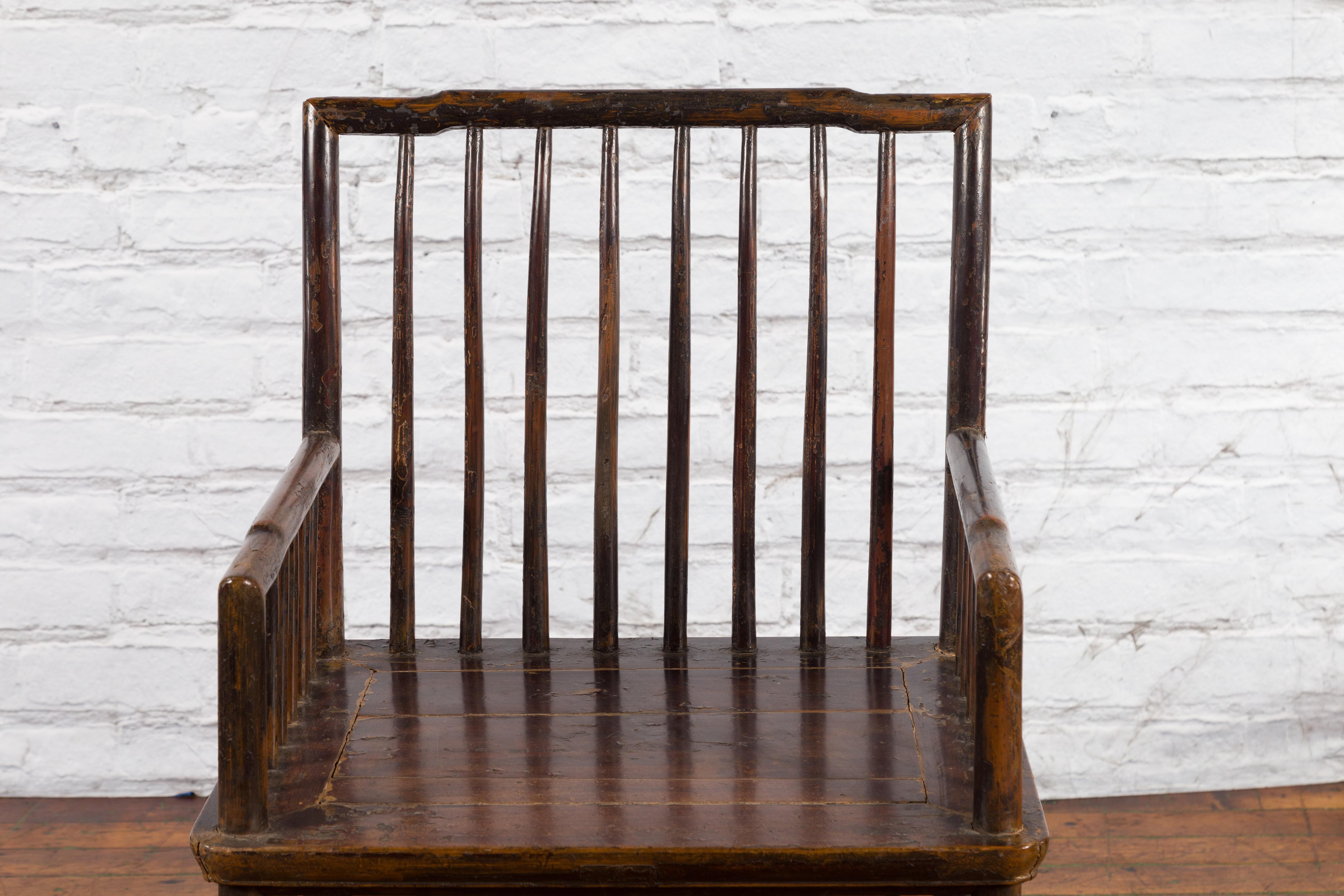 Chinese Qing Dynasty 19th Century Elmwood Armchair with Slatted Back and Arms For Sale 6