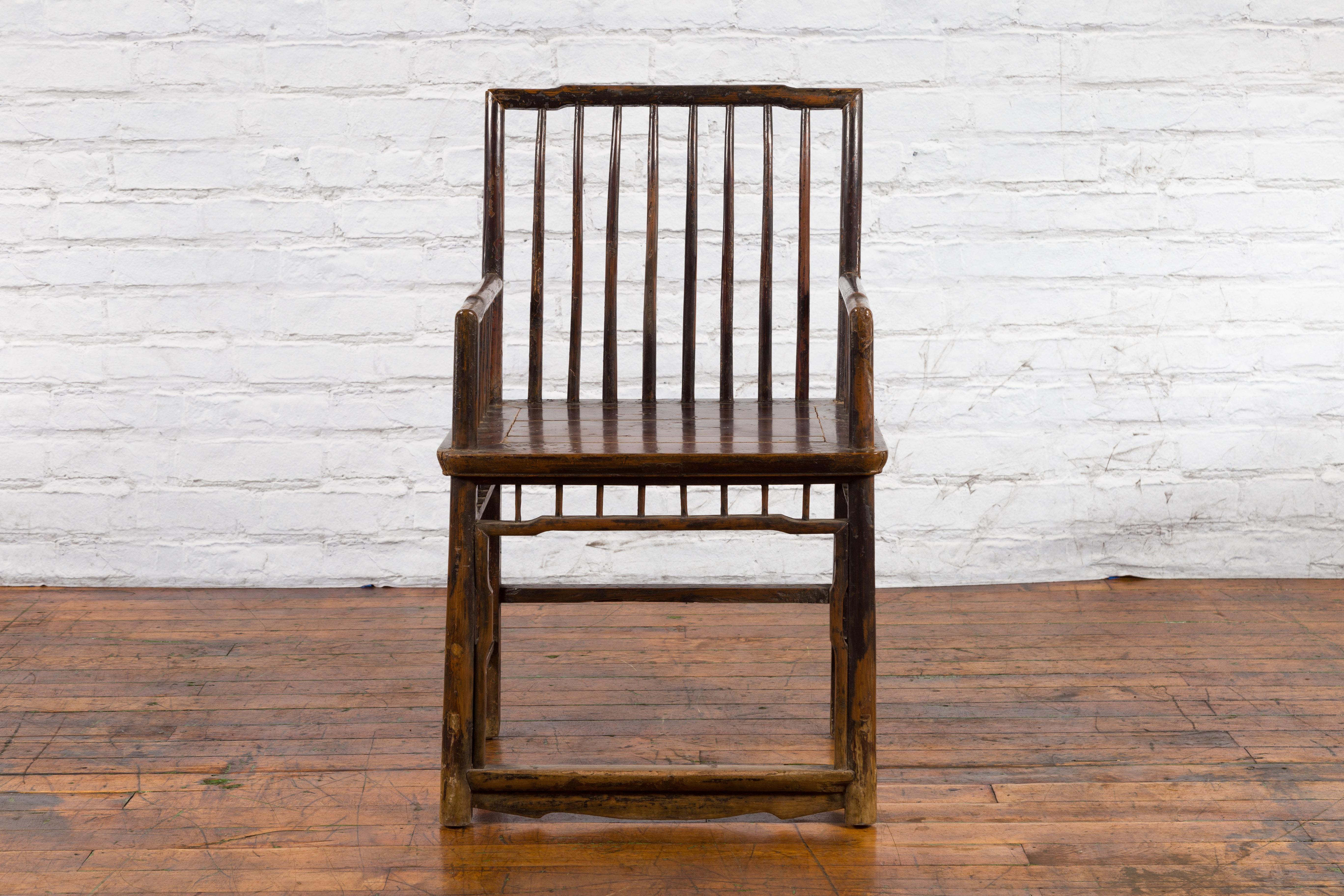 Chinese Qing Dynasty 19th Century Elmwood Armchair with Slatted Back and Arms For Sale 8