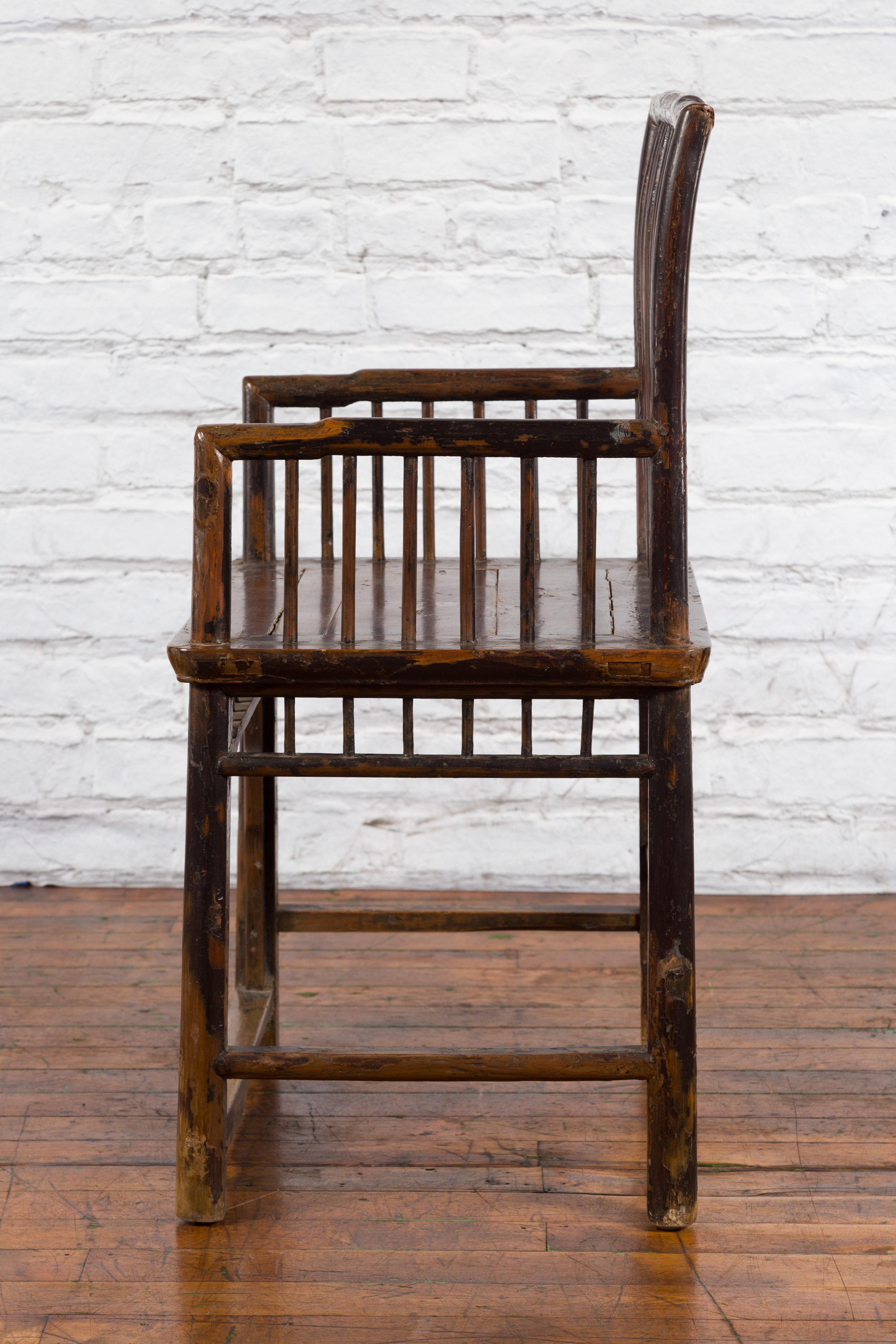 Chinese Qing Dynasty 19th Century Elmwood Armchair with Slatted Back and Arms In Good Condition For Sale In Yonkers, NY