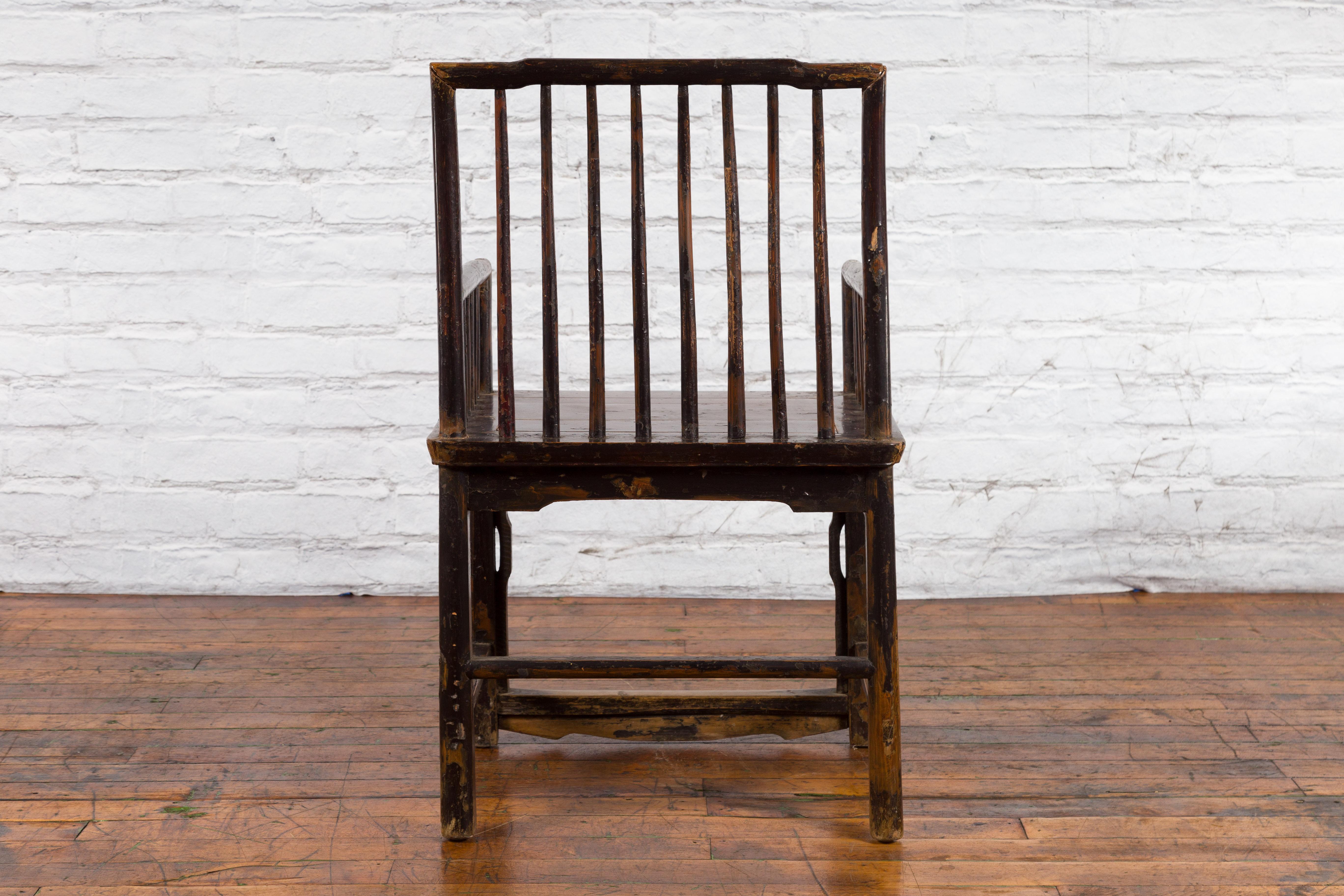Chinese Qing Dynasty 19th Century Elmwood Armchair with Slatted Back and Arms For Sale 2