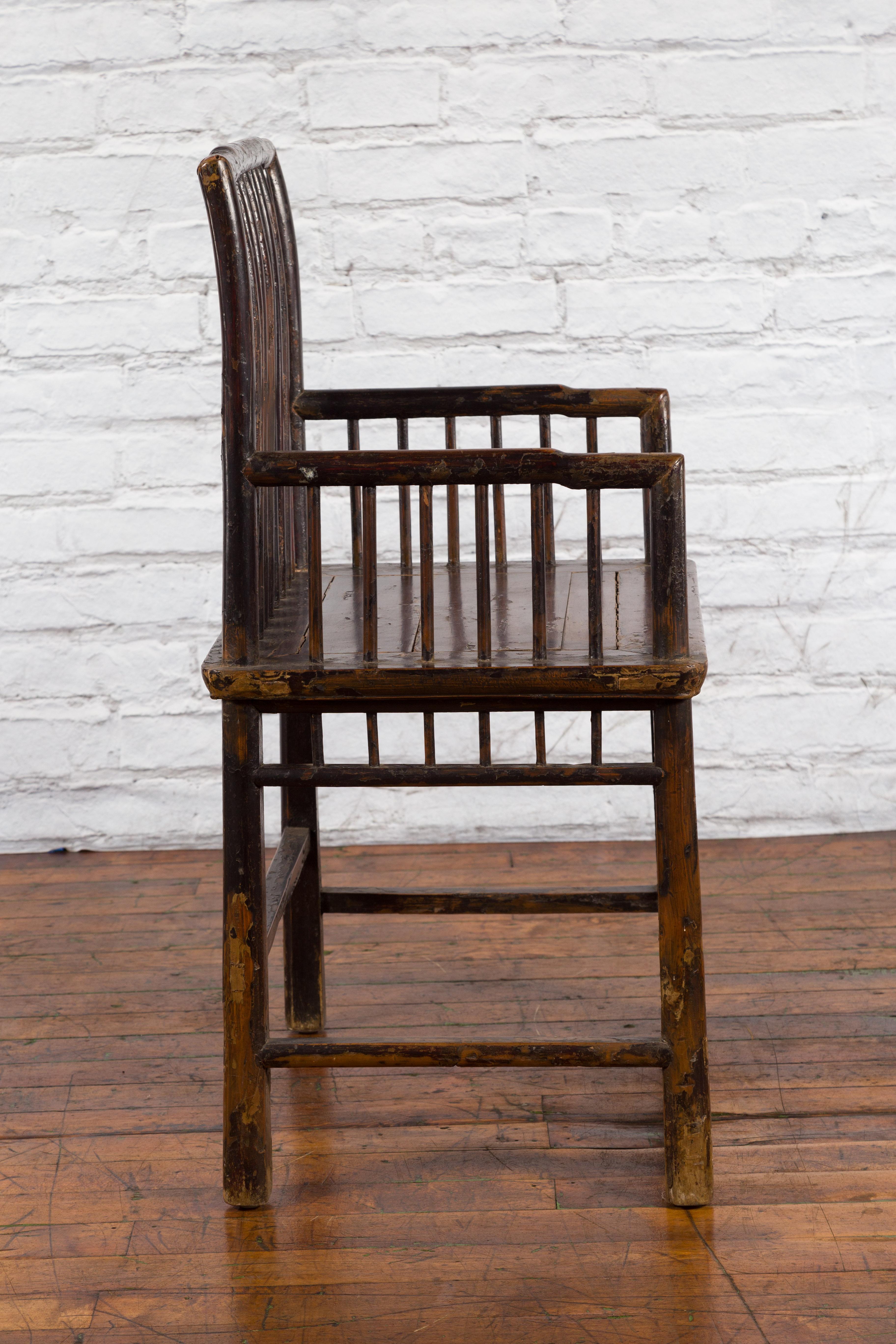 Chinese Qing Dynasty 19th Century Elmwood Armchair with Slatted Back and Arms For Sale 3