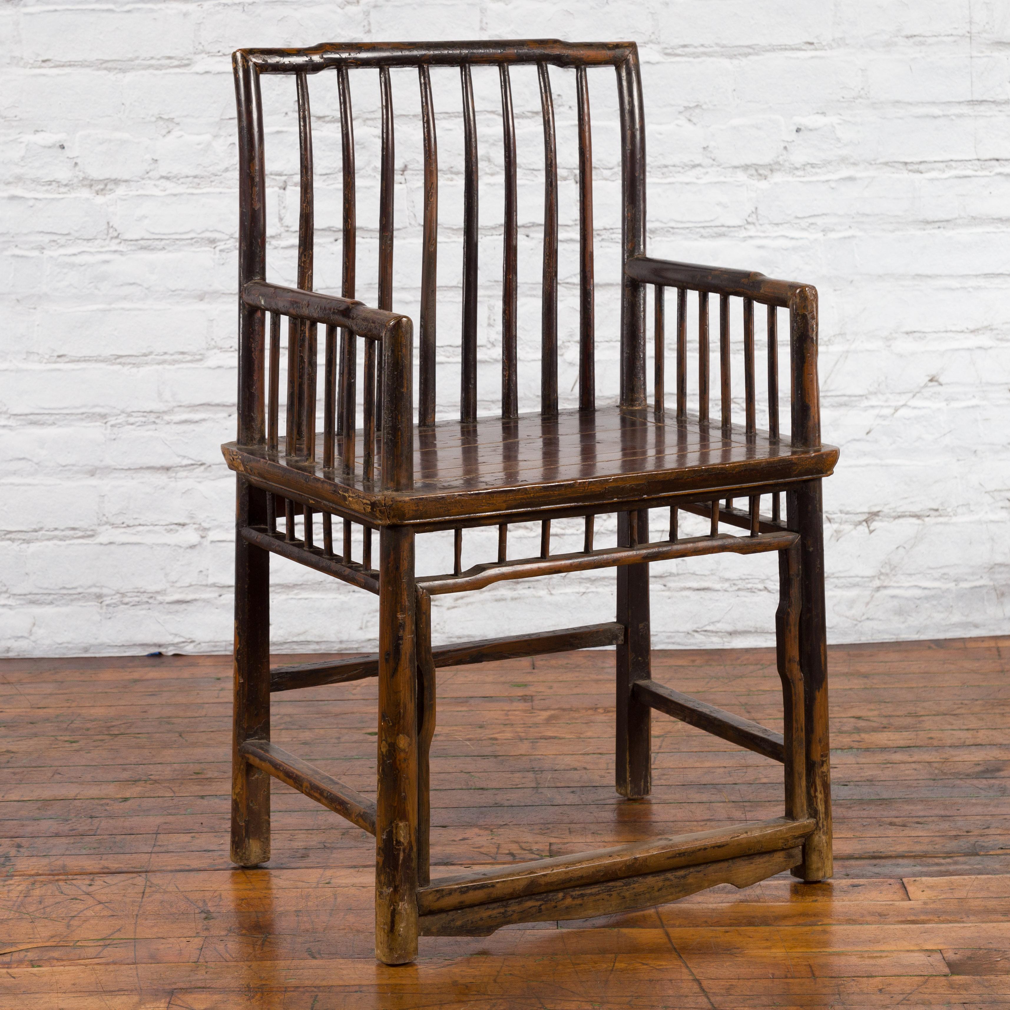 Chinese Qing Dynasty 19th Century Elmwood Armchair with Slatted Back and Arms For Sale 5