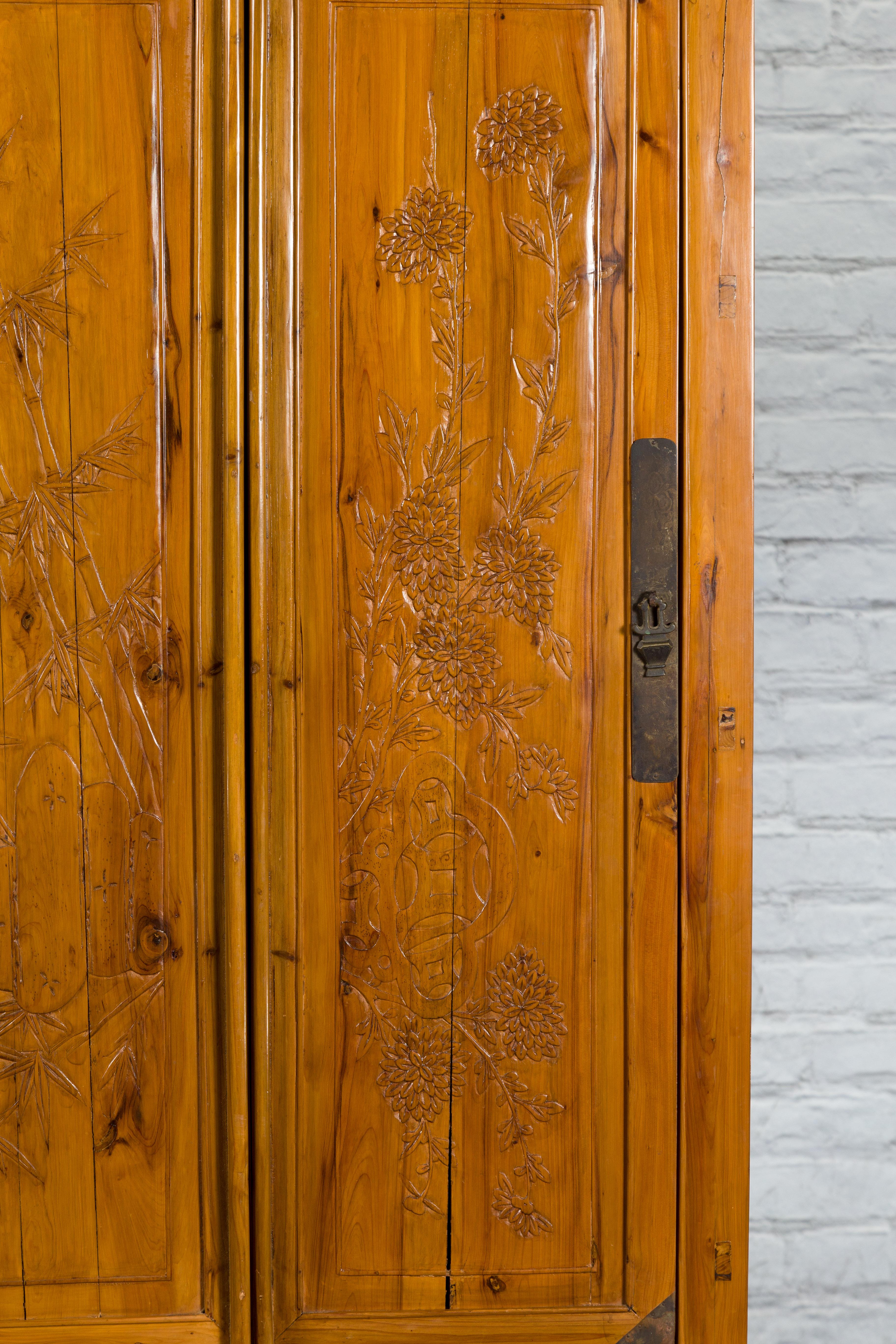Large Chinese Elmwood Four-Door Armoire with Low-Relief Carved Foliage For Sale 8
