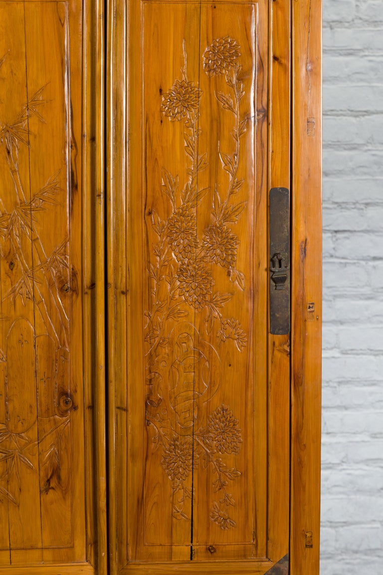 Chinese Qing Dynasty 19th Century Elmwood Armoire with Low-Relief Carved Foliage For Sale 10
