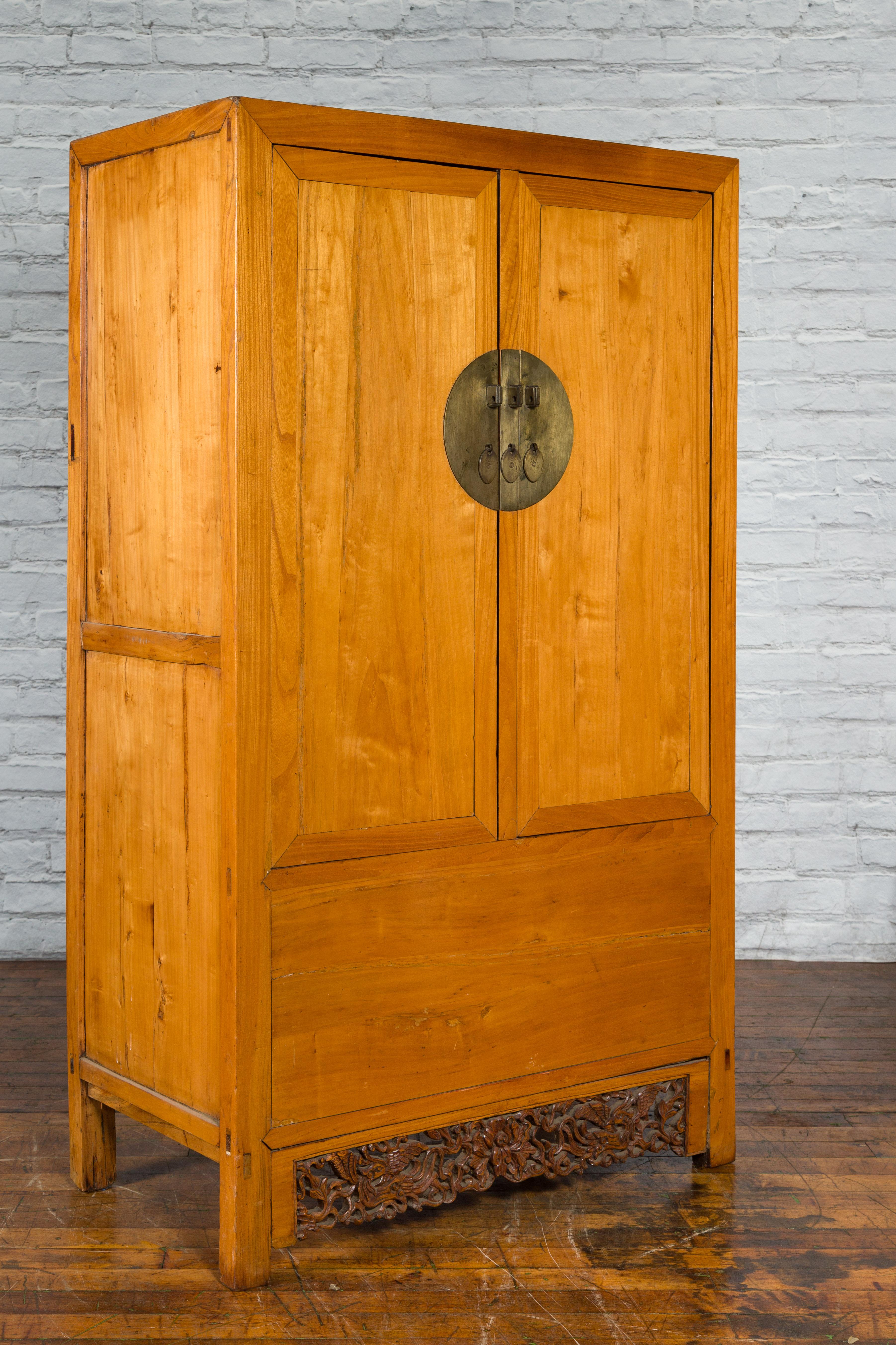 Chinese Qing Dynasty 19th Century Elmwood Cabinet with Carved Apron In Good Condition For Sale In Yonkers, NY