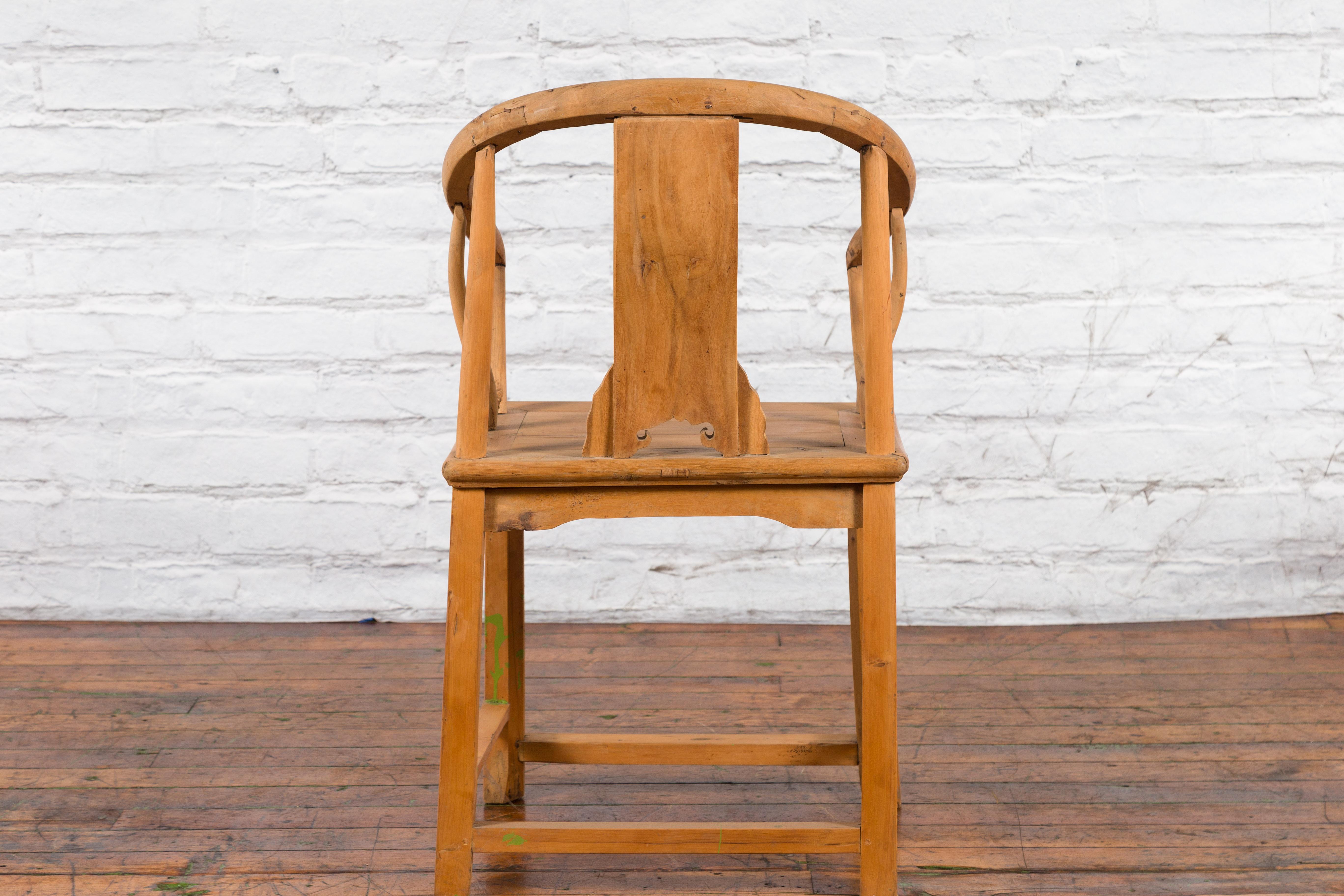 Wood Chinese Qing Dynasty 19th Century Elmwood Chair with Character Carved Medallion For Sale