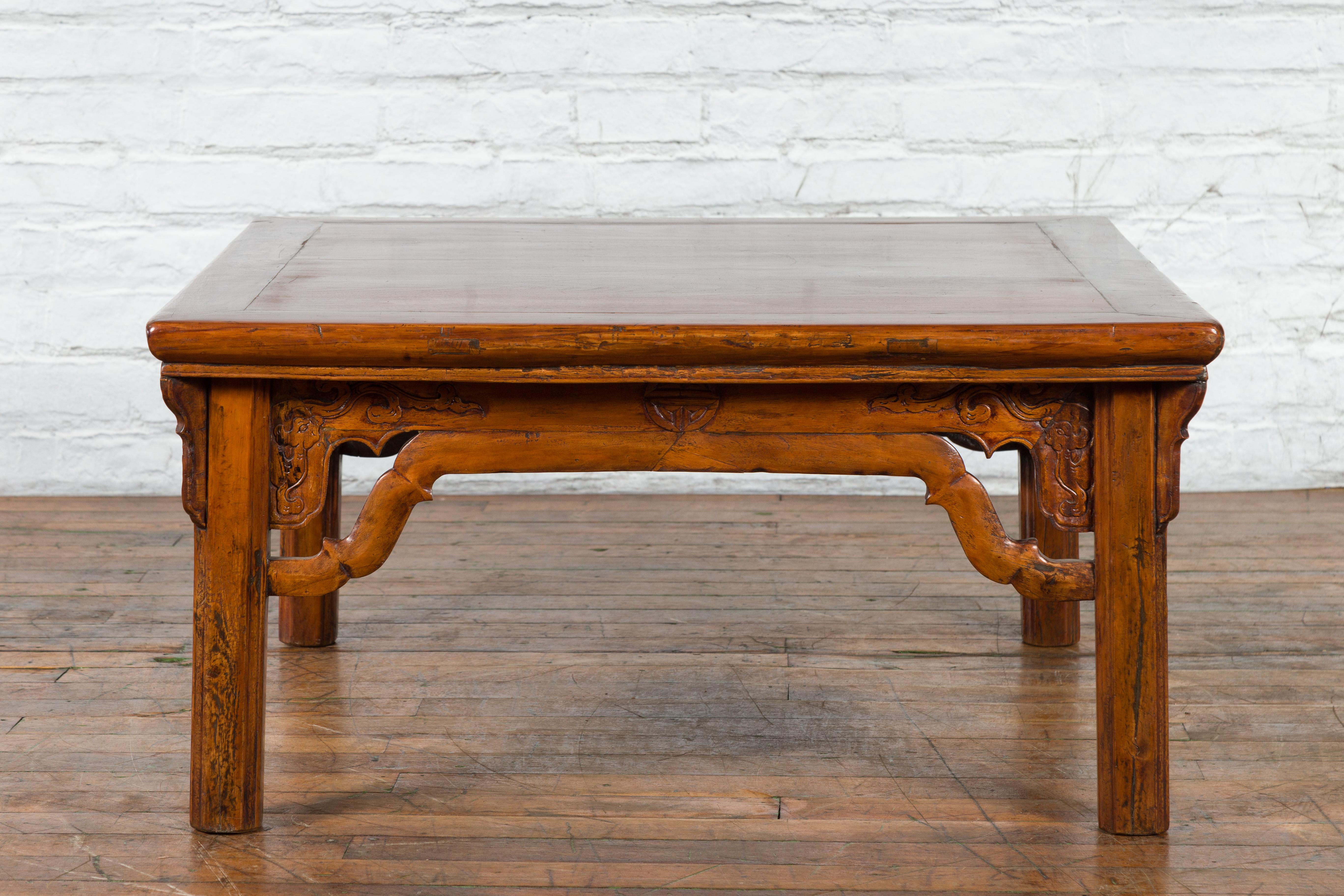 Chinese Qing Dynasty 19th Century Elmwood Coffee Table with Carved Apron For Sale 3