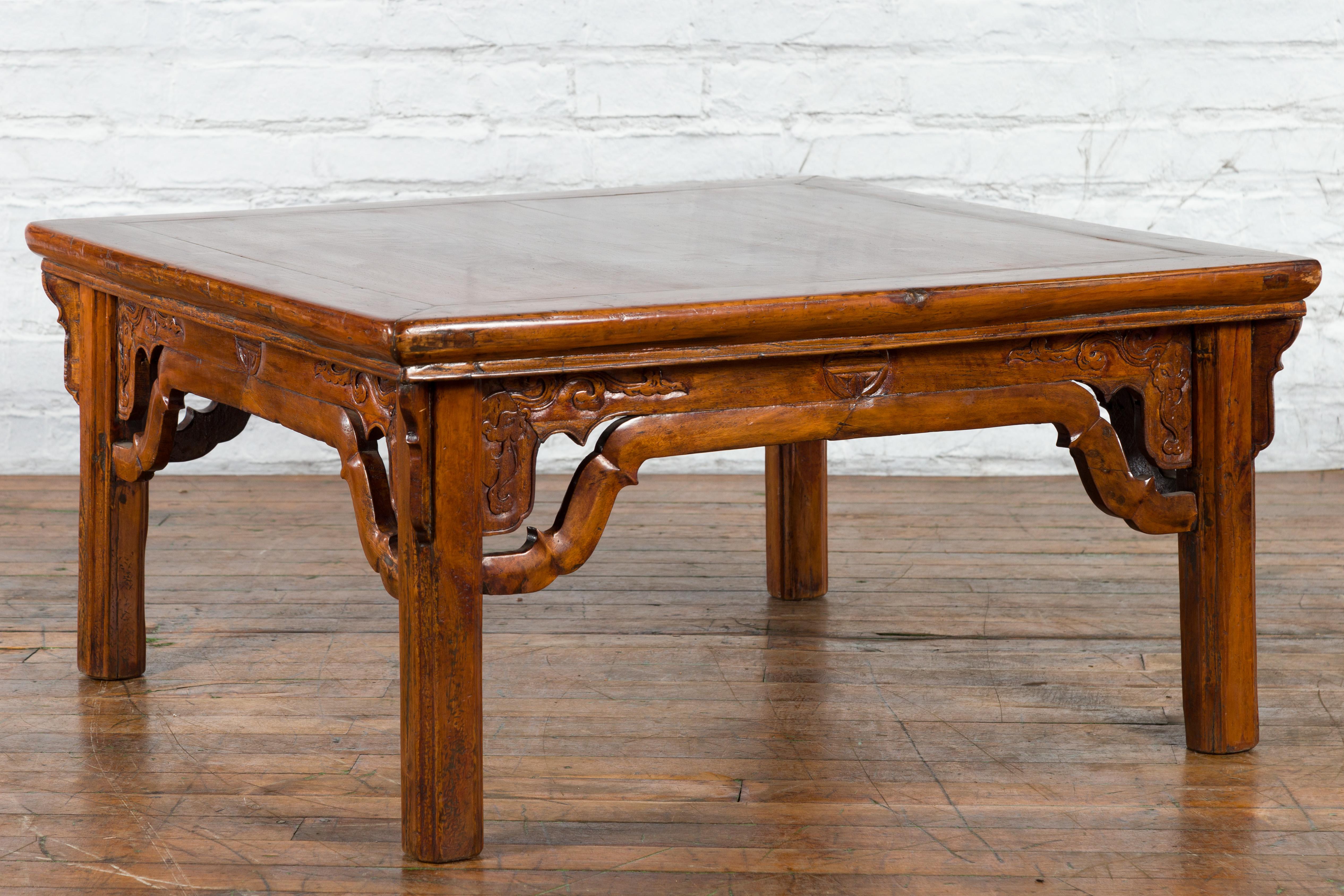 Chinese Qing Dynasty 19th Century Elmwood Coffee Table with Carved Apron For Sale 2