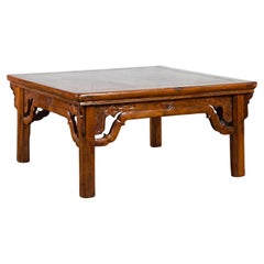 Chinese Qing Dynasty 19th Century Elmwood Coffee Table with Carved Apron