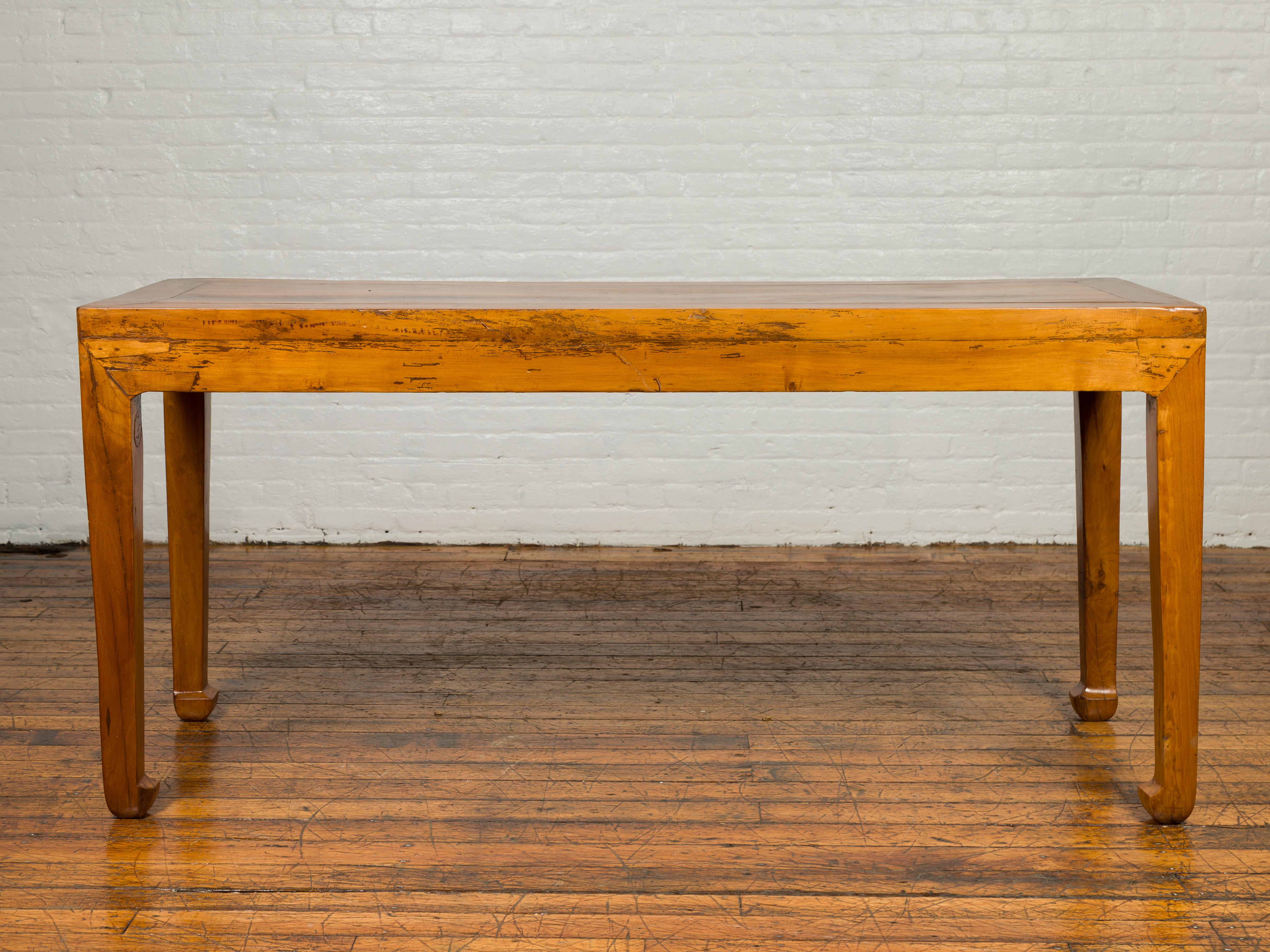 Chinese Qing Dynasty 19th Century Elmwood Console Table with Horsehoof Legs 8
