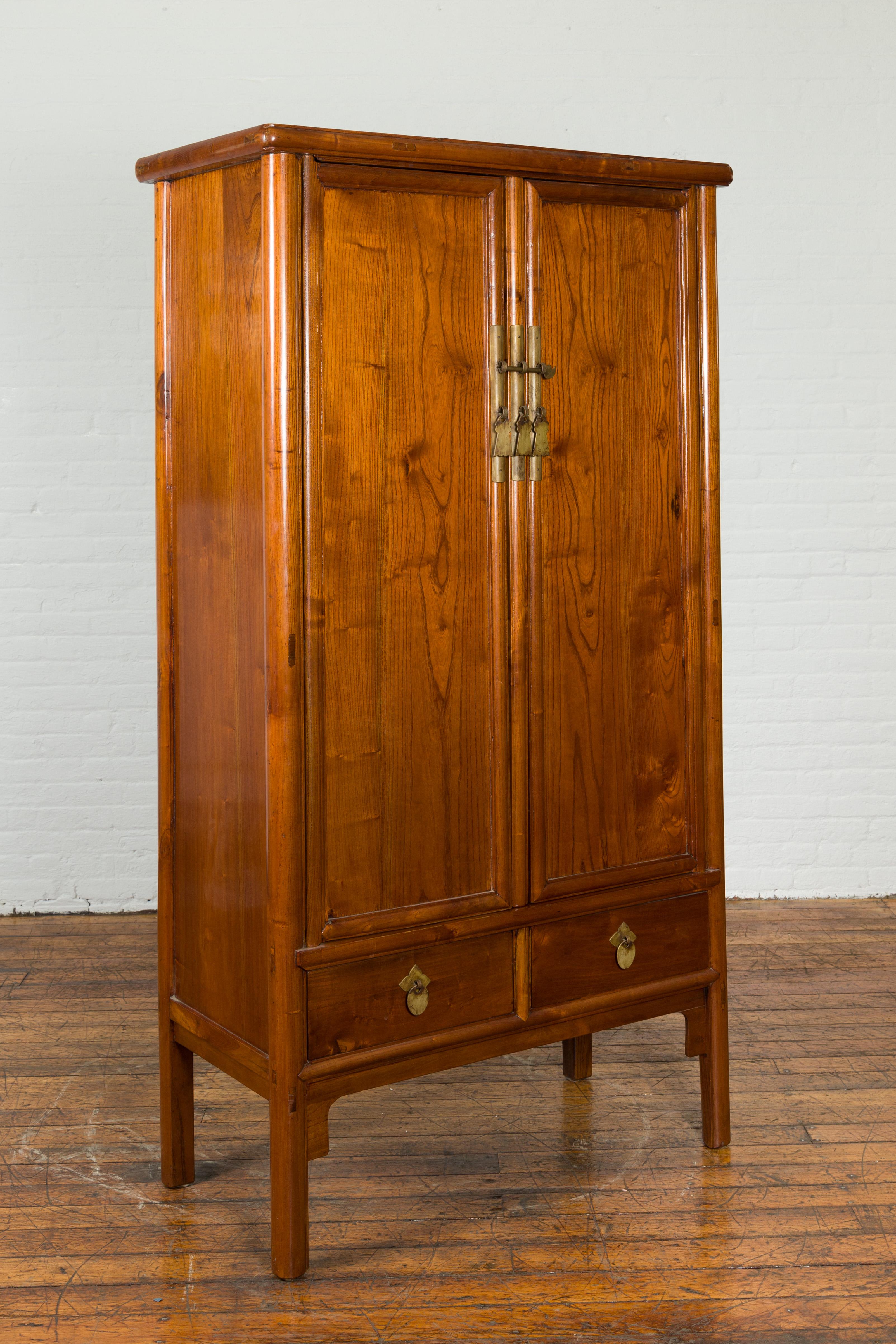 Chinese Qing Dynasty 19th Century Elmwood Noodle Cabinet with Brass Hardware In Good Condition In Yonkers, NY
