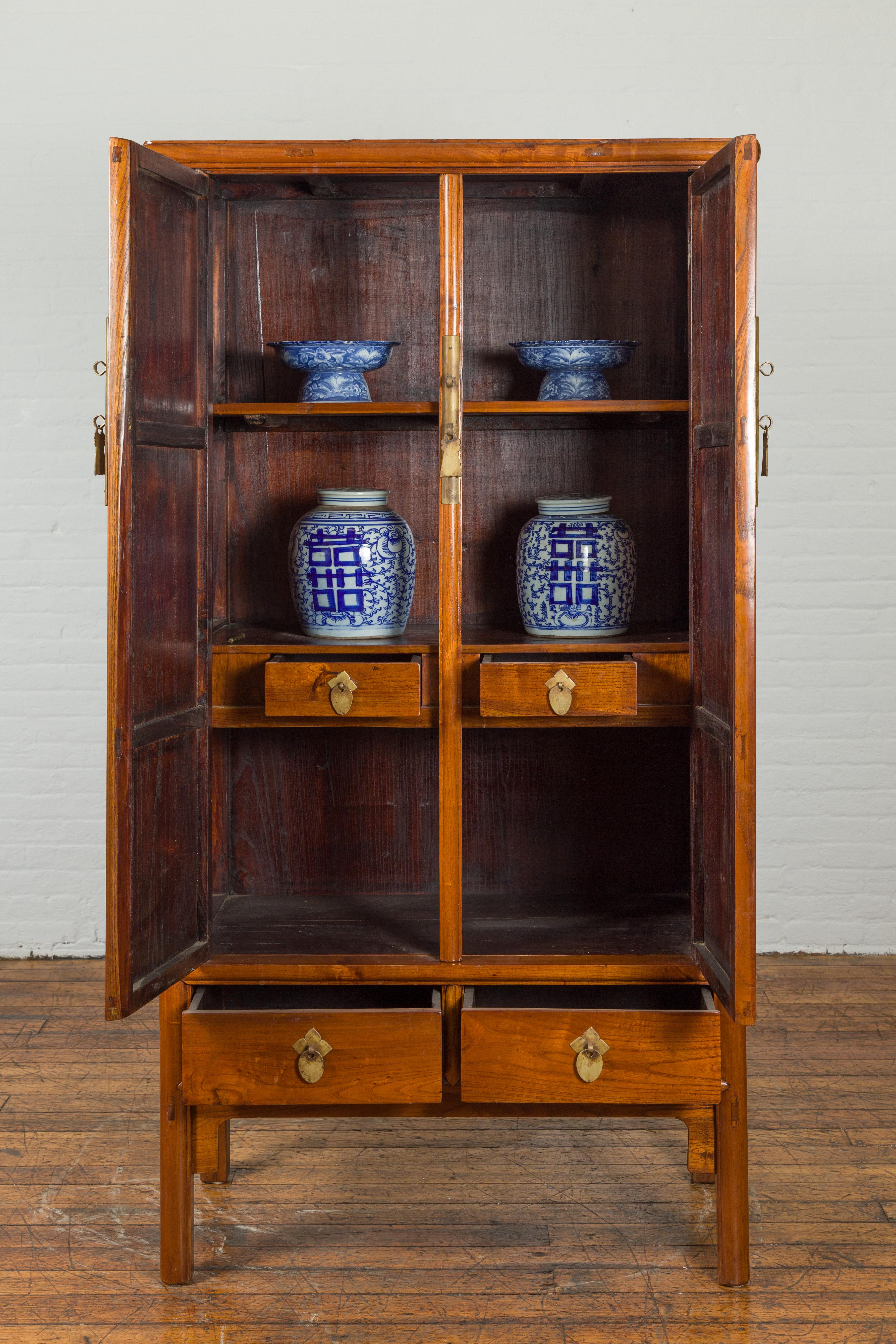Chinese Qing Dynasty 19th Century Elmwood Noodle Cabinet with Brass Hardware 1