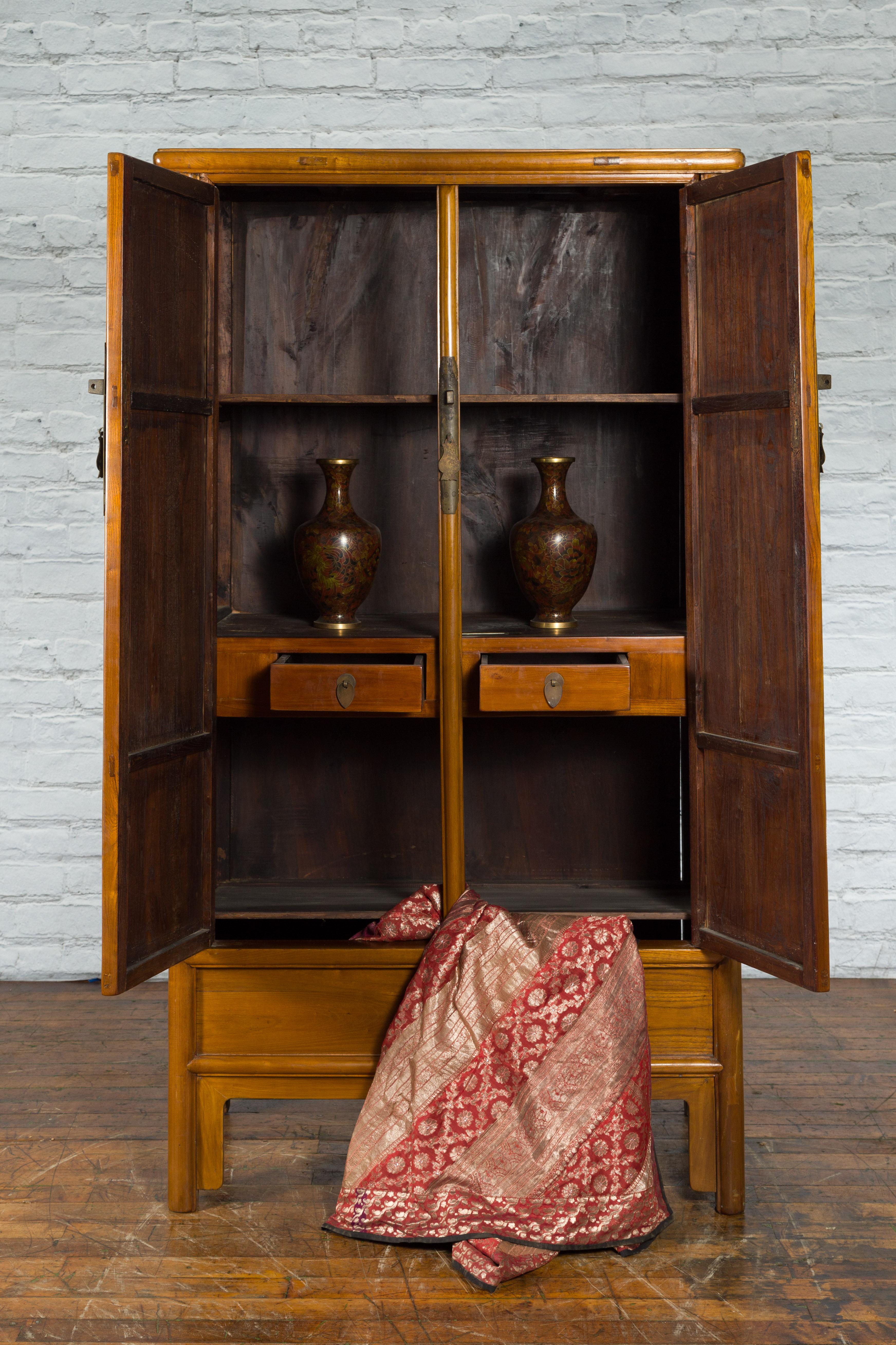 Brass Chinese Qing Dynasty 19th Century Elmwood Noodle Cabinet with Hidden Drawers For Sale