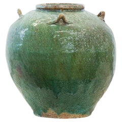 Retro Chinese Qing Dynasty 19th Century Green Glazed Water Vessel with Loop Handles