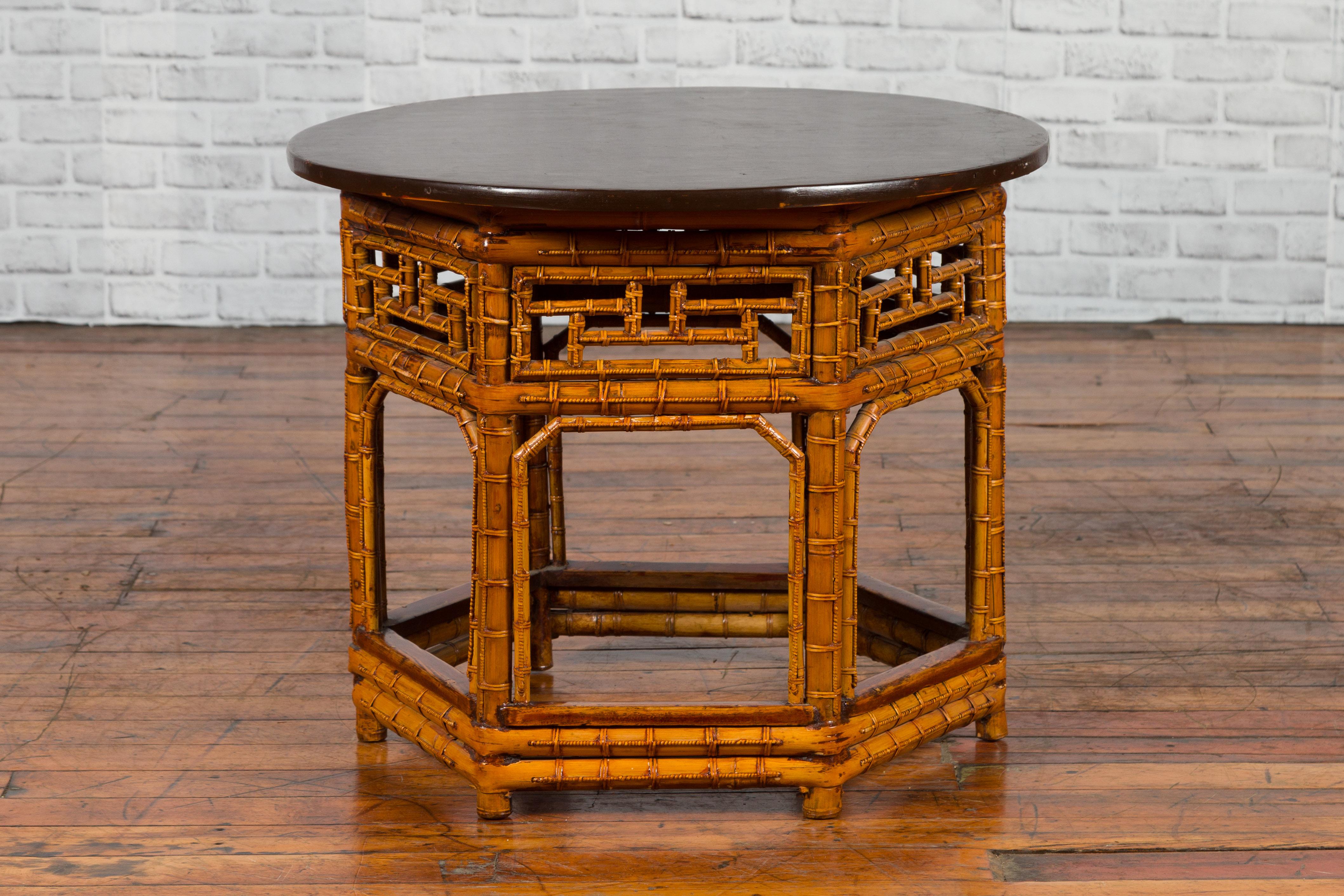 Chinese Qing Dynasty 19th Century Hexagonal Bamboo Side Table with Lacquered Top 7