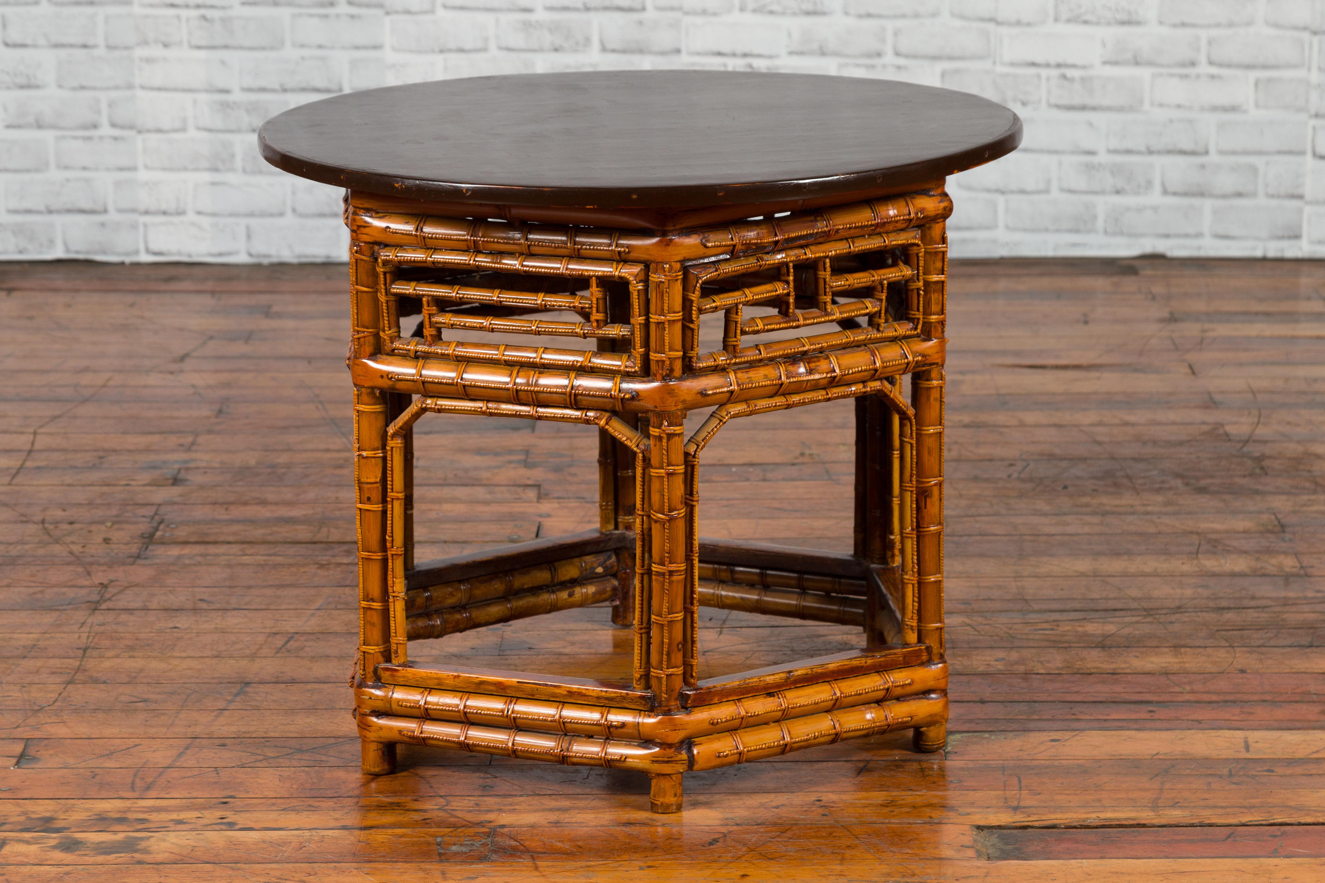 Chinese Qing Dynasty 19th Century Hexagonal Bamboo Side Table with Lacquered Top 8