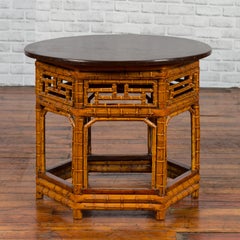 Chinese Qing Dynasty 19th Century Hexagonal Bamboo Side Table with Lacquered Top