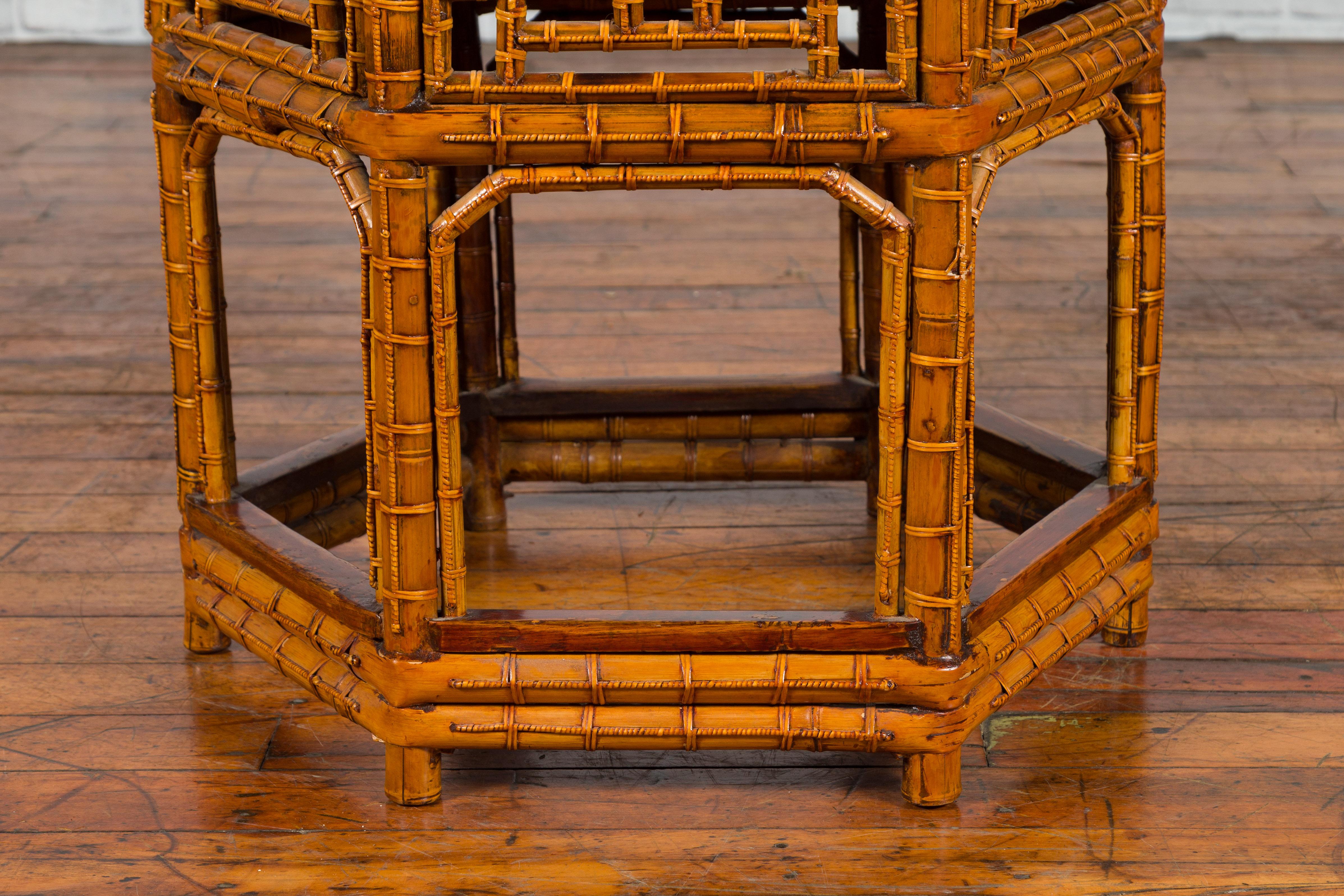 Chinese Qing Dynasty 19th Century Hexagonal Bamboo Side Table with Lacquered Top 2