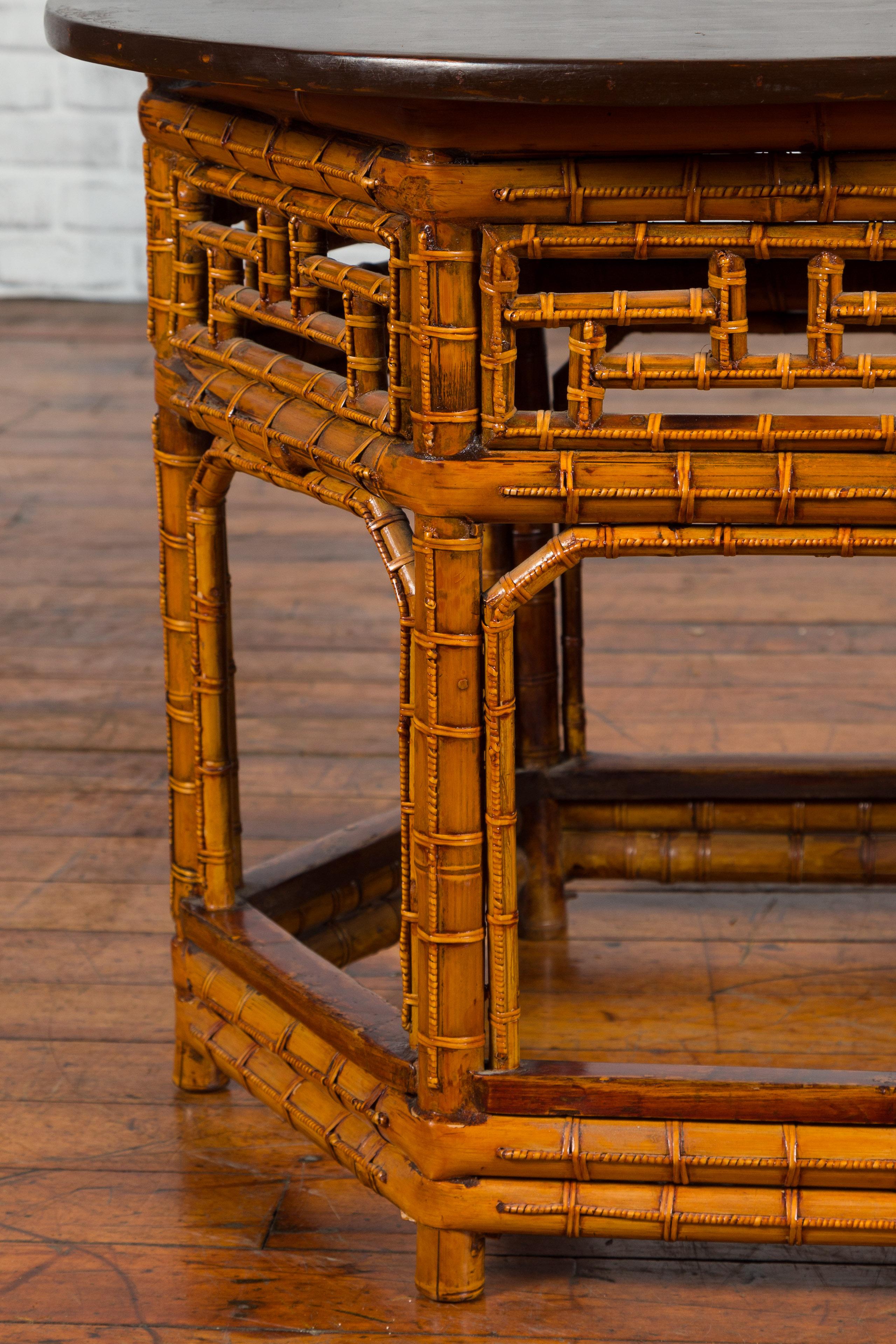 Chinese Qing Dynasty 19th Century Hexagonal Bamboo Side Table with Lacquered Top 3