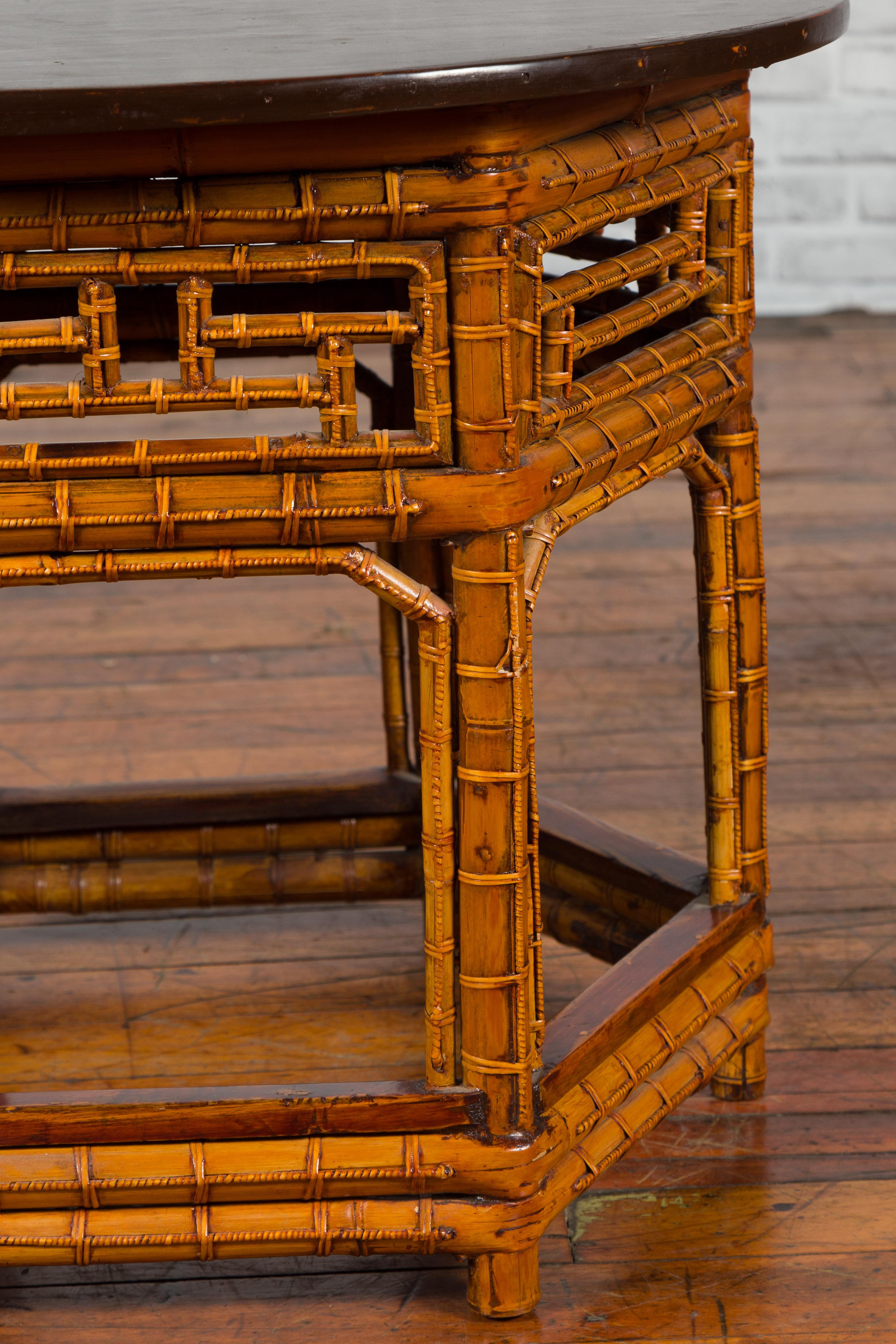 Chinese Qing Dynasty 19th Century Hexagonal Bamboo Side Table with Lacquered Top 4