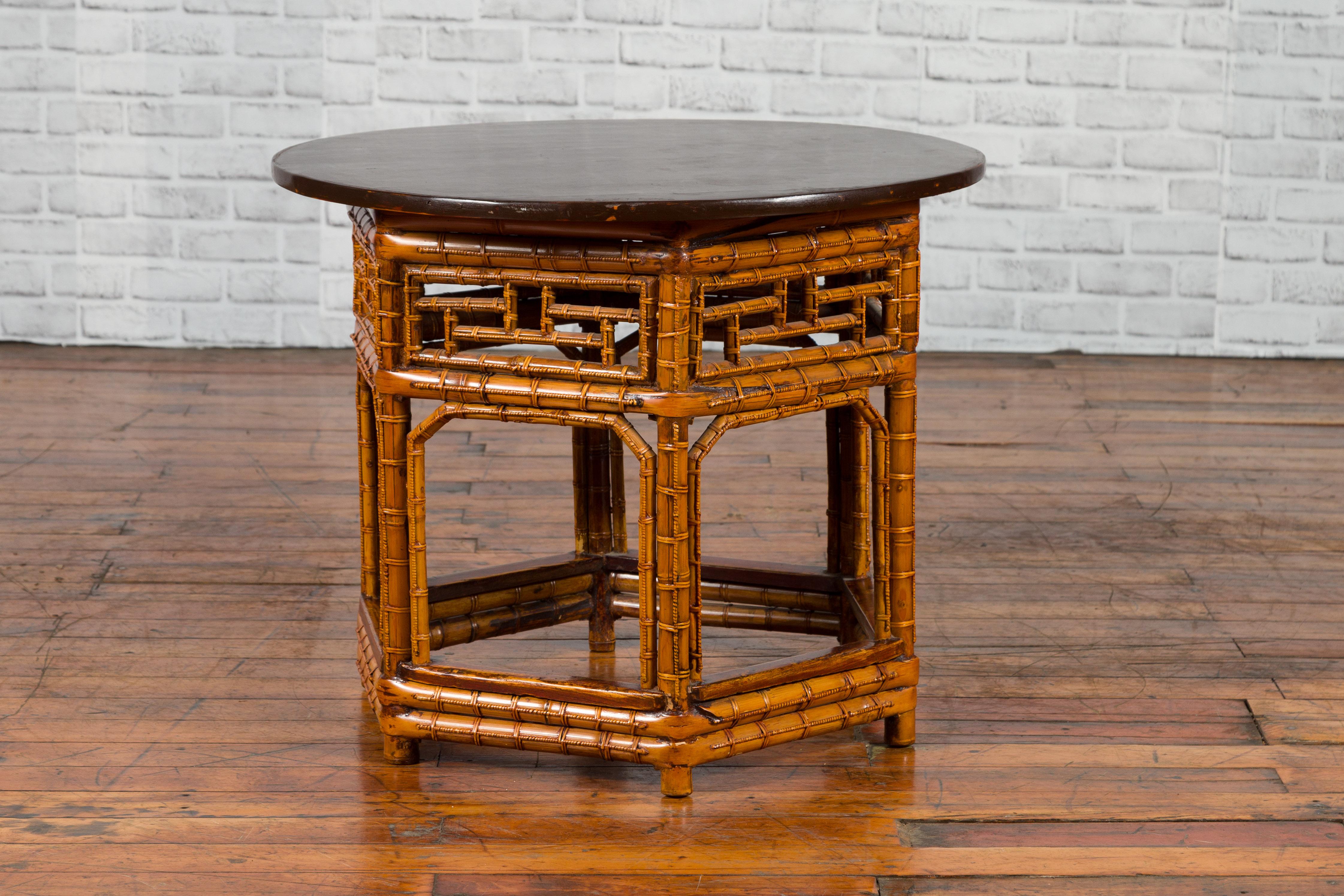 Chinese Qing Dynasty 19th Century Hexagonal Bamboo Side Table with Lacquered Top 6