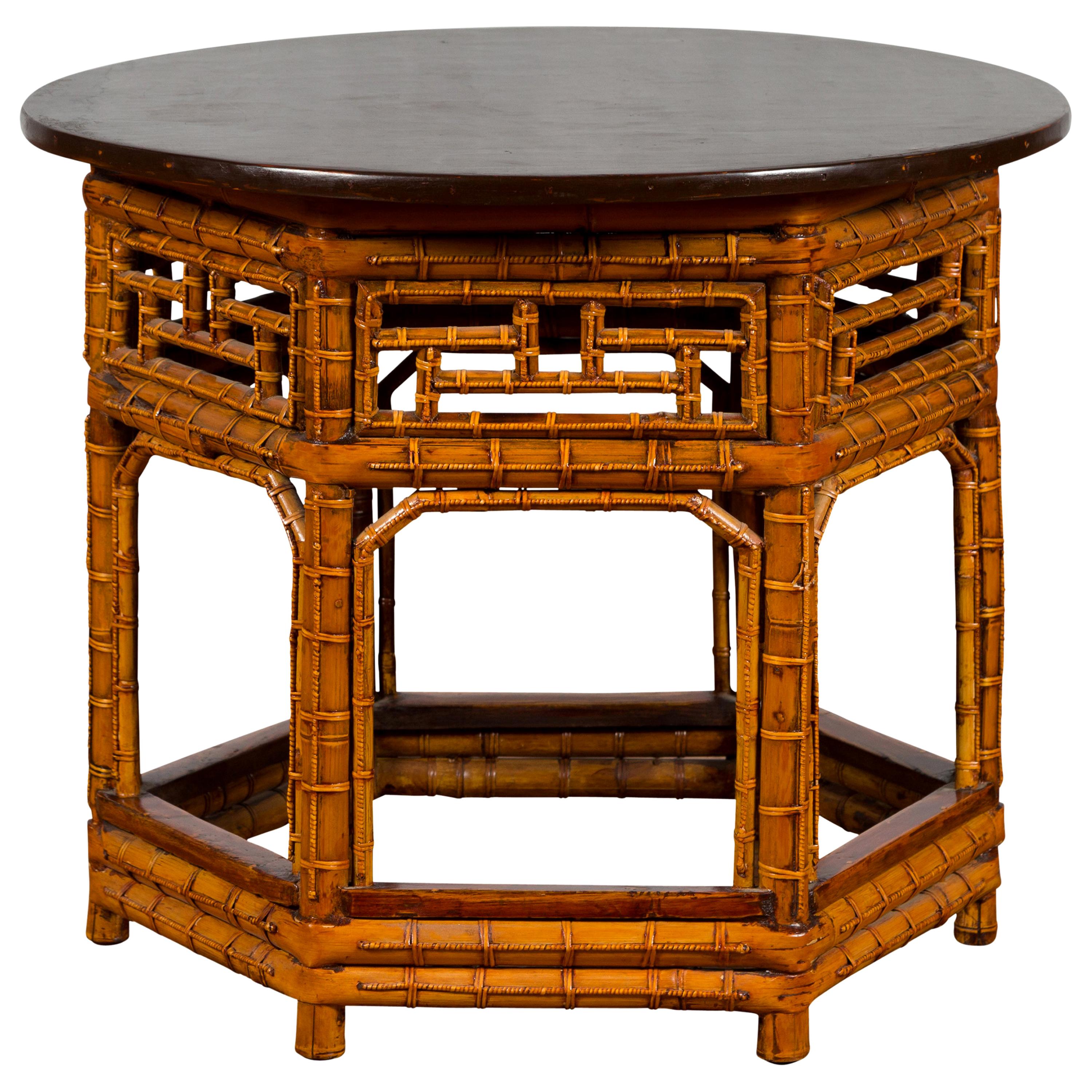 Chinese Qing Dynasty 19th Century Hexagonal Bamboo Side Table with Lacquered Top
