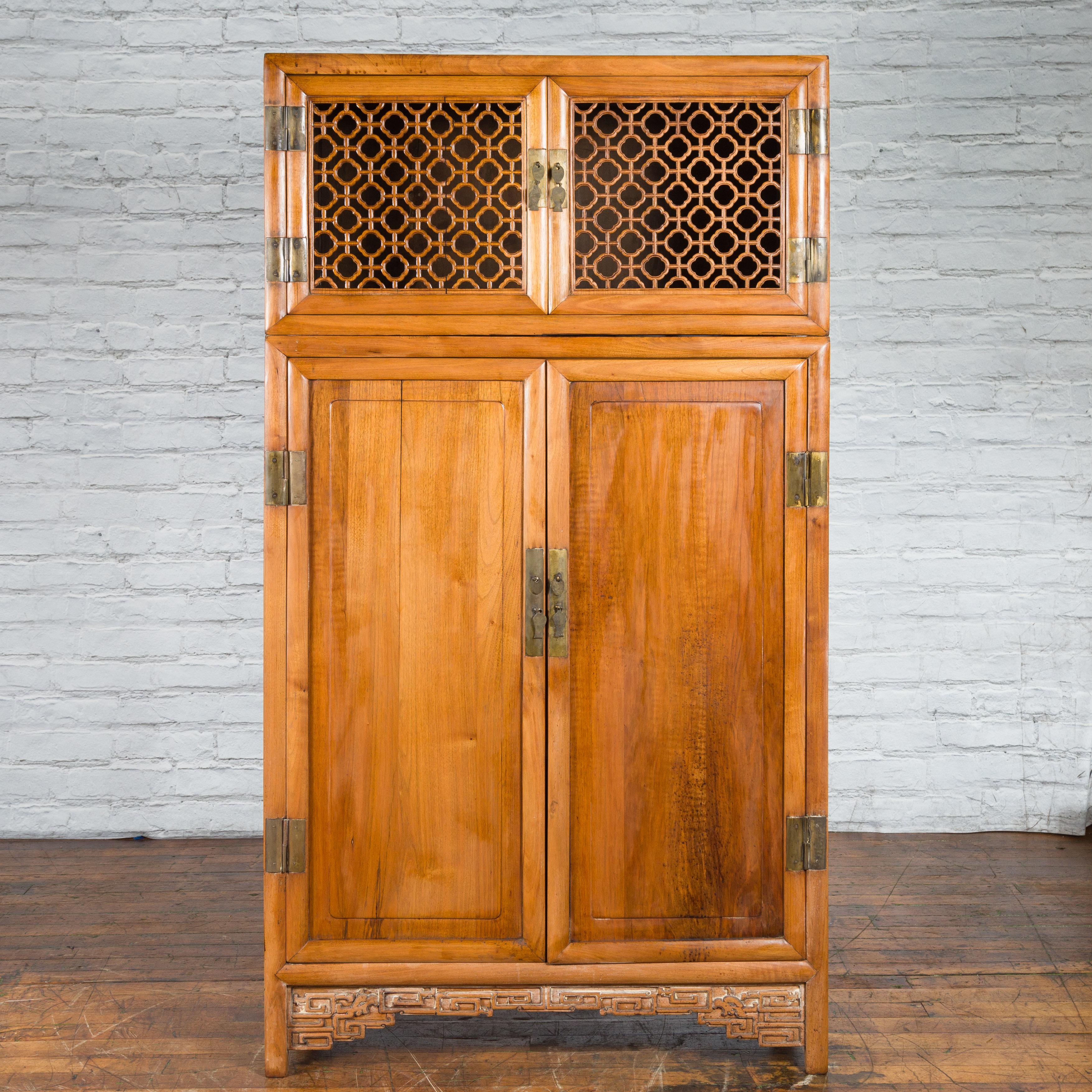 Brass Chinese Qing Dynasty 19th Century Kitchen Cabinet with Quatrefoil Style Fretwork For Sale