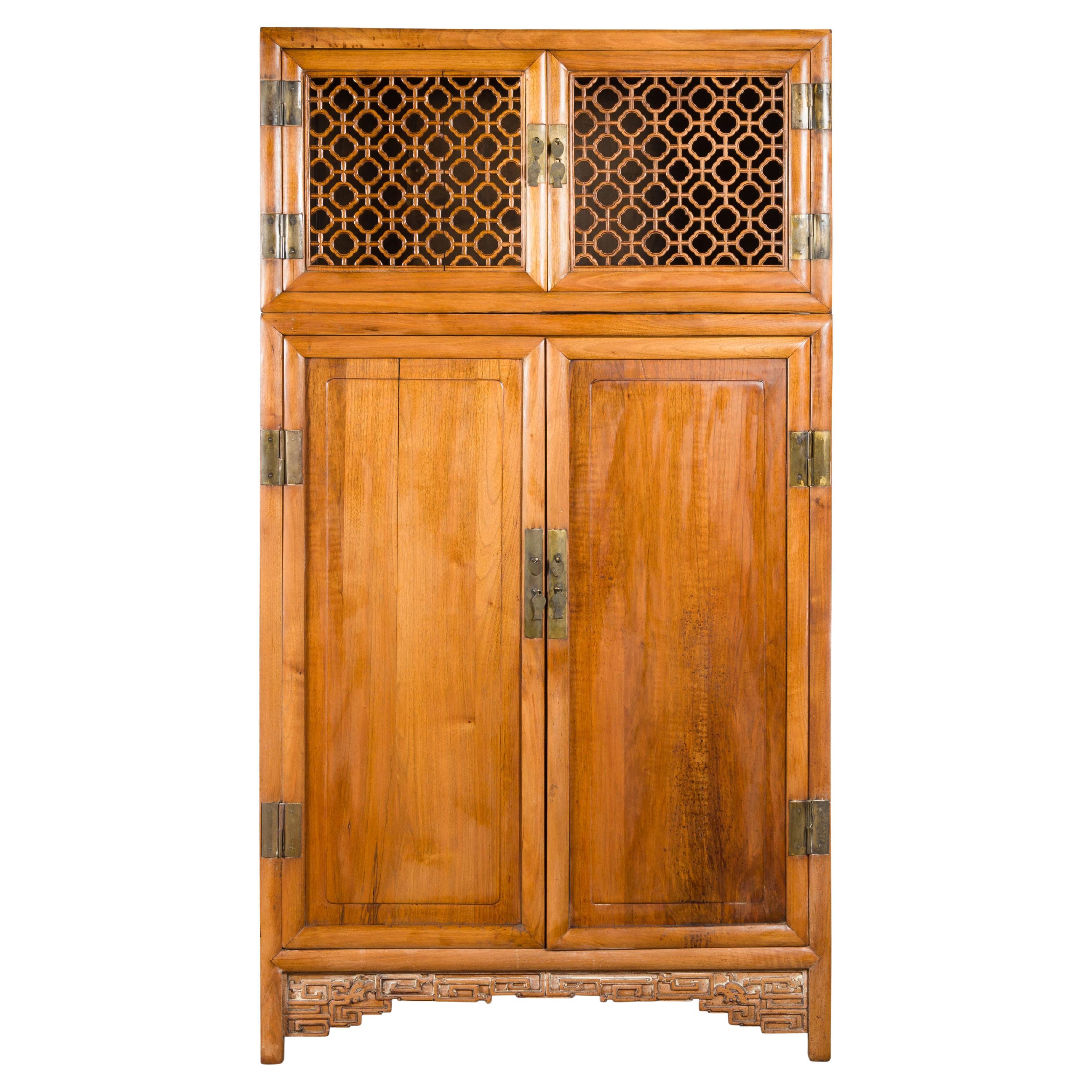 Chinese Qing Dynasty 19th Century Kitchen Cabinet with Quatrefoil Style Fretwork