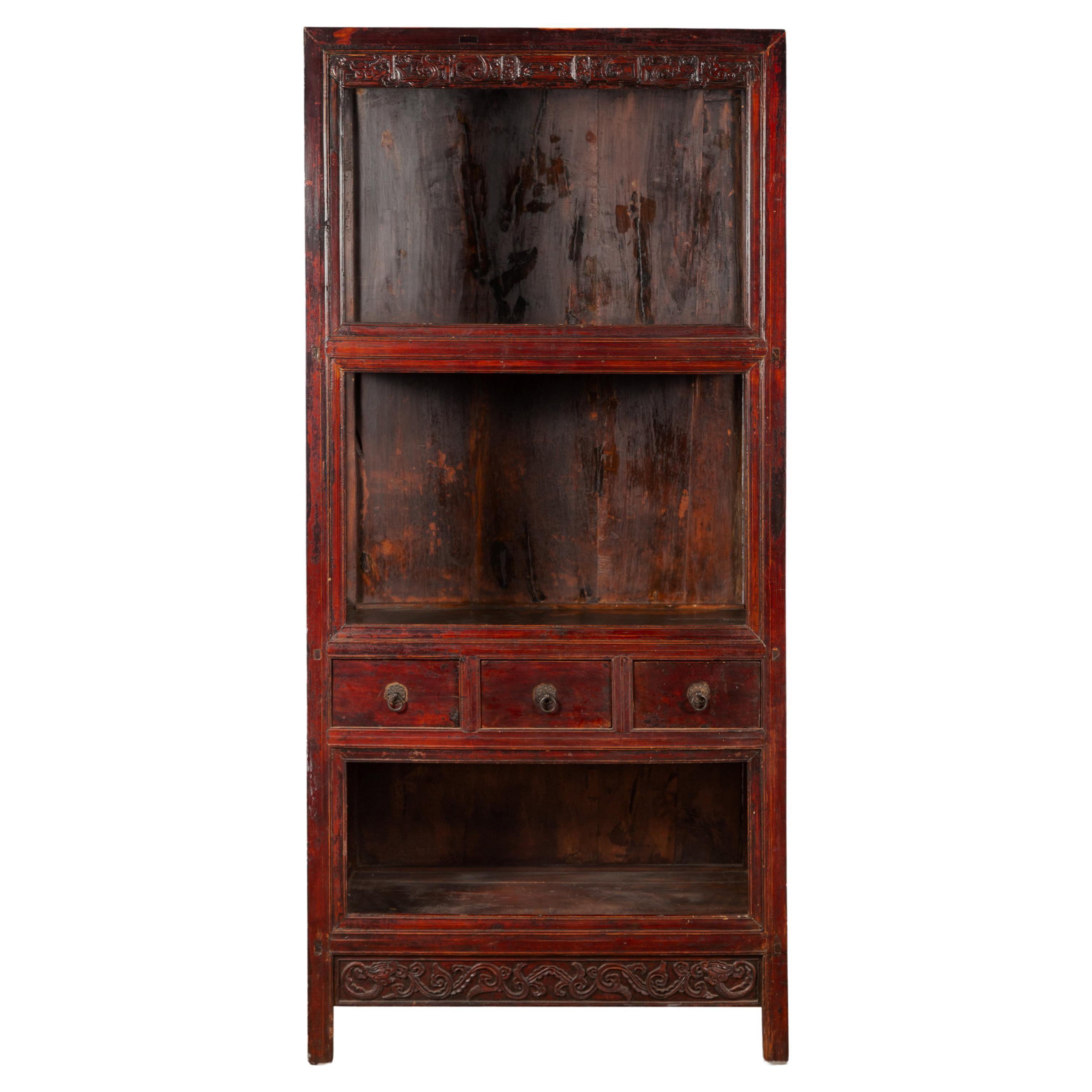 Chinese Qing Dynasty 19th Century Lacquered Cabinet with Carved Dragon Motifs For Sale
