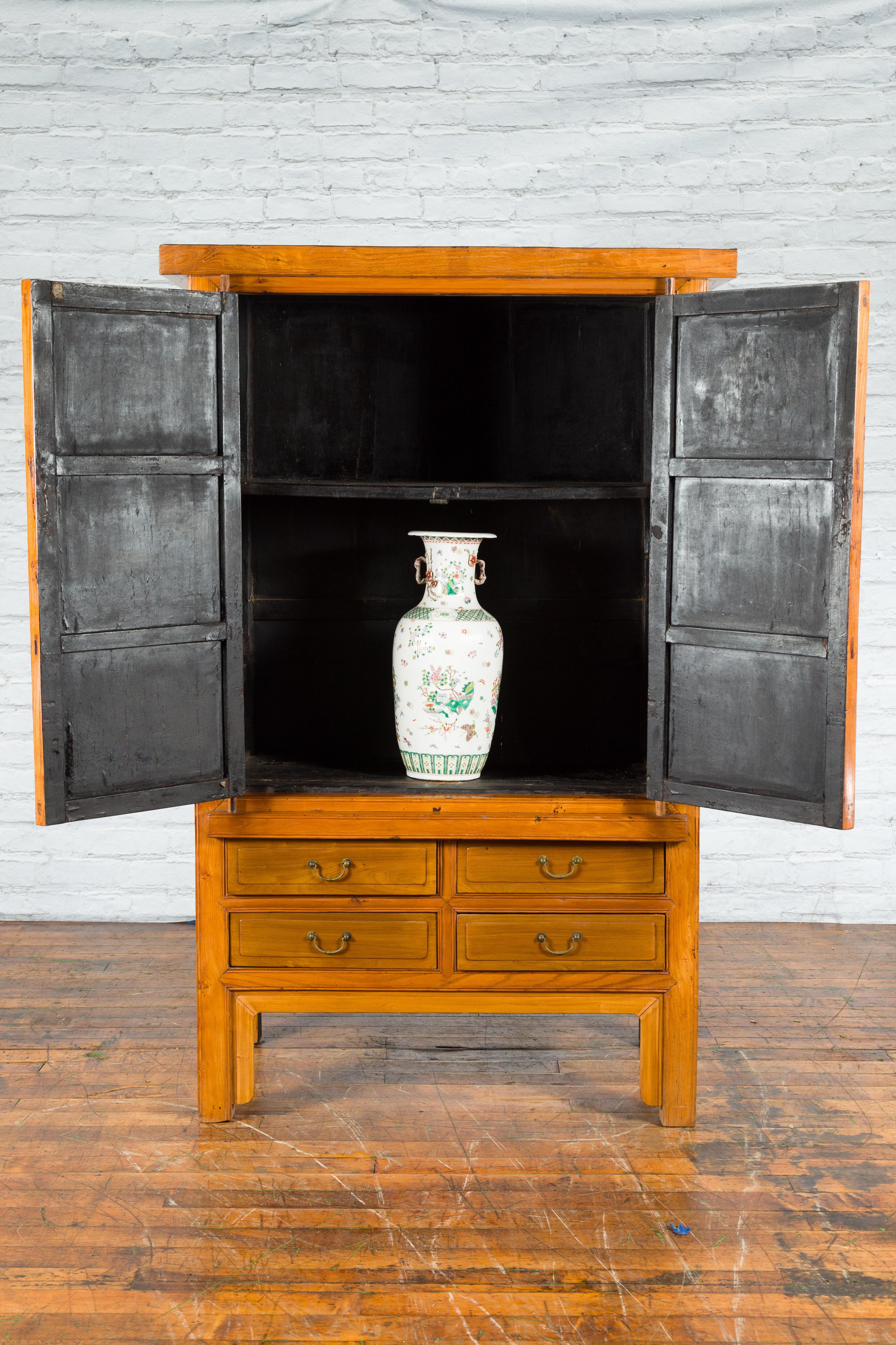 Brass Chinese Qing Dynasty 19th Century Light Lacquer Cabinet with Doors and Drawers For Sale