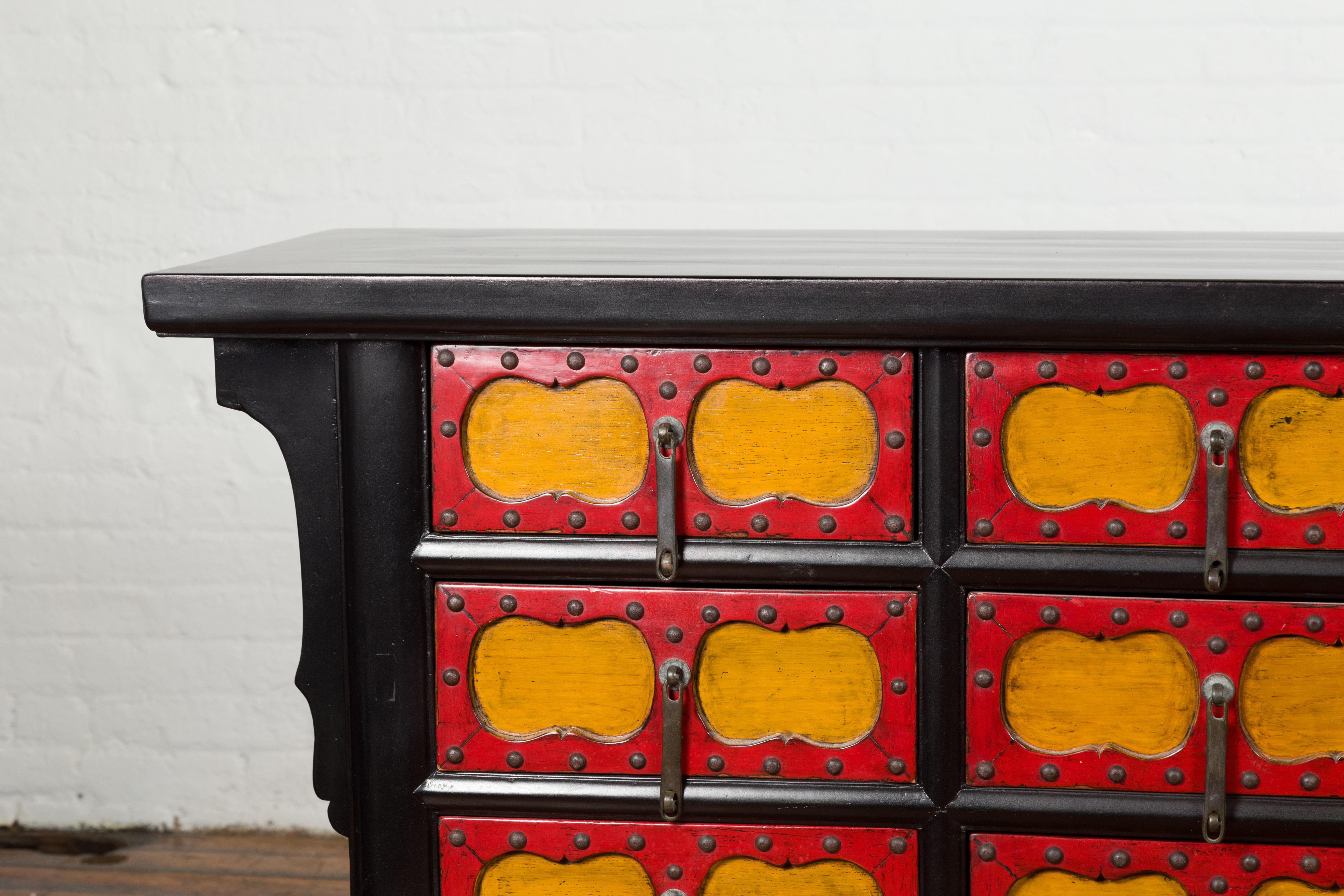 Iron Chinese Qing Dynasty 19th Century Long Polychrome Sideboard with 12 Drawers For Sale