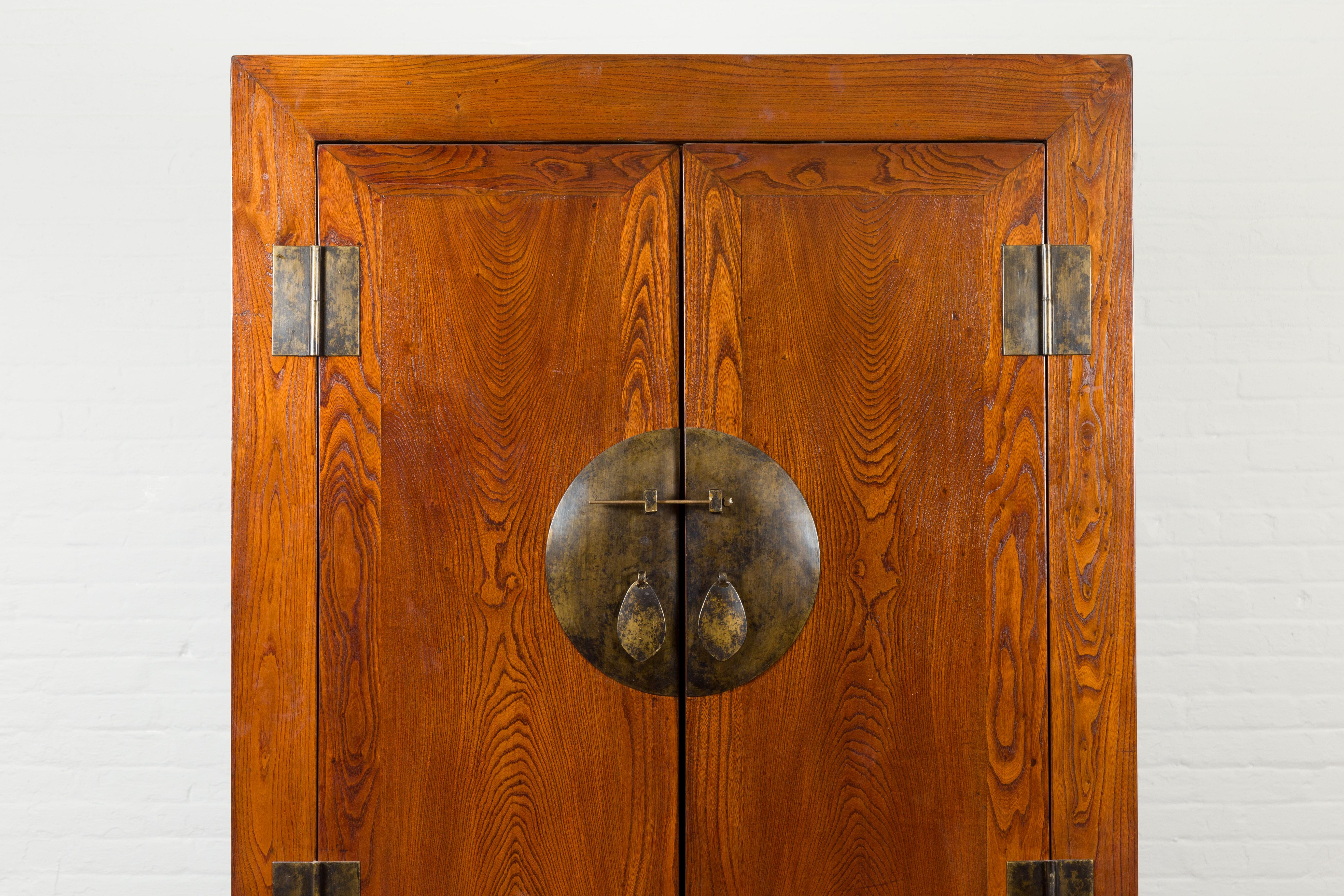 Brass Chinese Qing Dynasty 19th Century Nicely Grained Cabinet with Medallion Lock For Sale