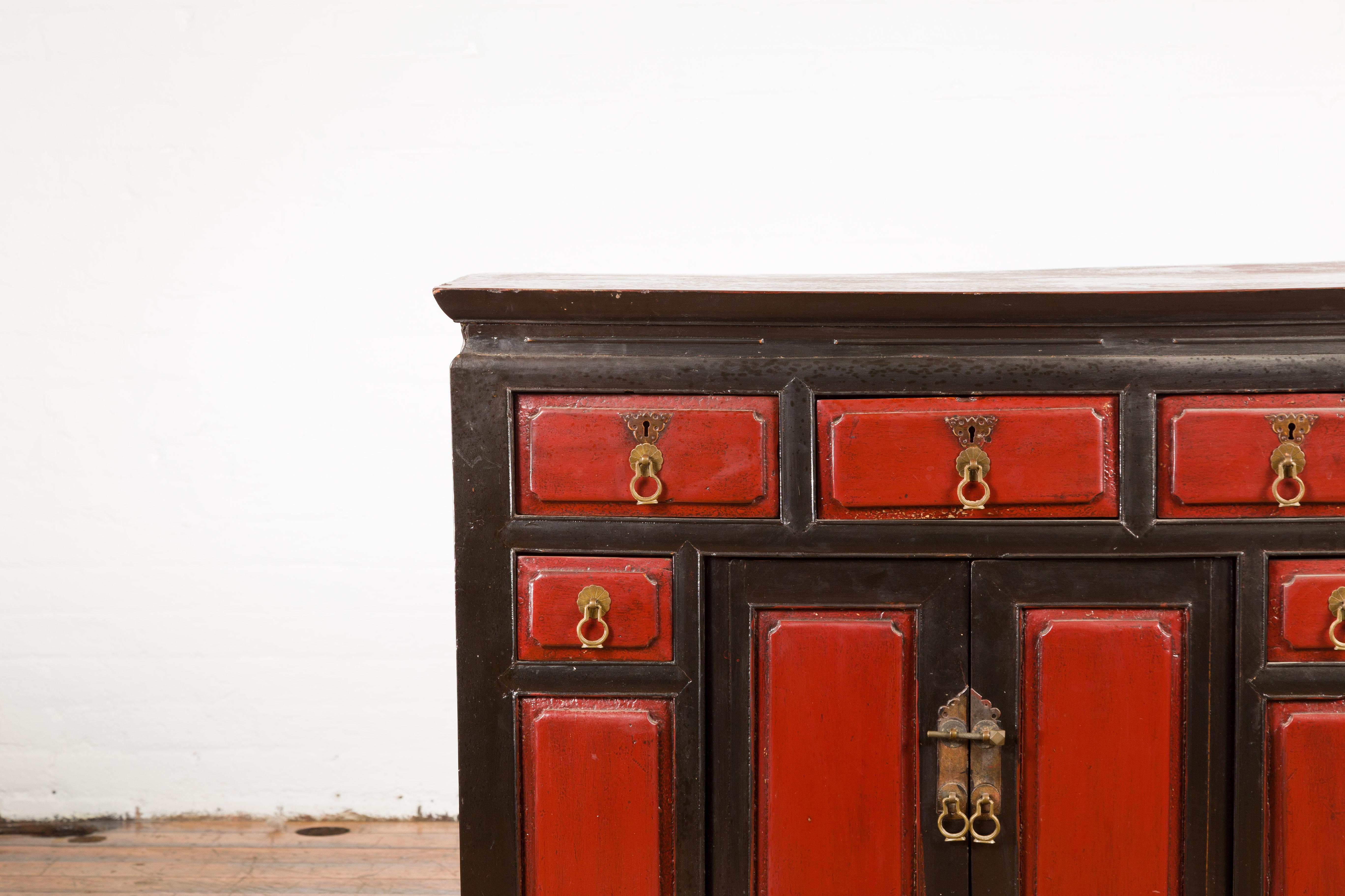 Wood Chinese Qing Dynasty 19th Century Red and Black Lacquer Cabinet with Drawers For Sale
