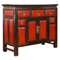 Antique Chinese Qing Dynasty 19th Century Red and Black Lacquer Cabinet with Drawers