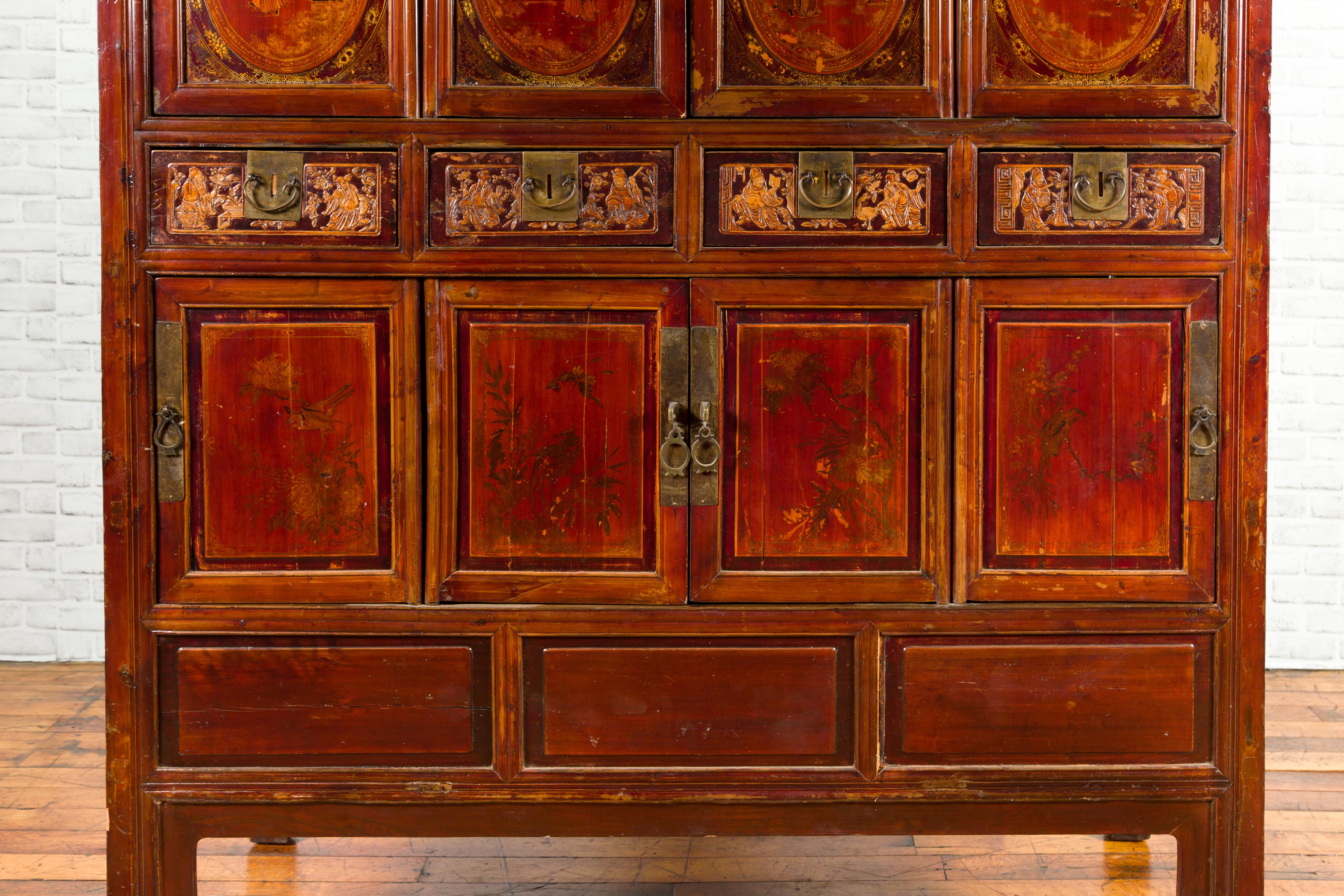 Chinese Qing Dynasty 19th Century Red Cabinet with Eight Doors and Four Drawers For Sale 10