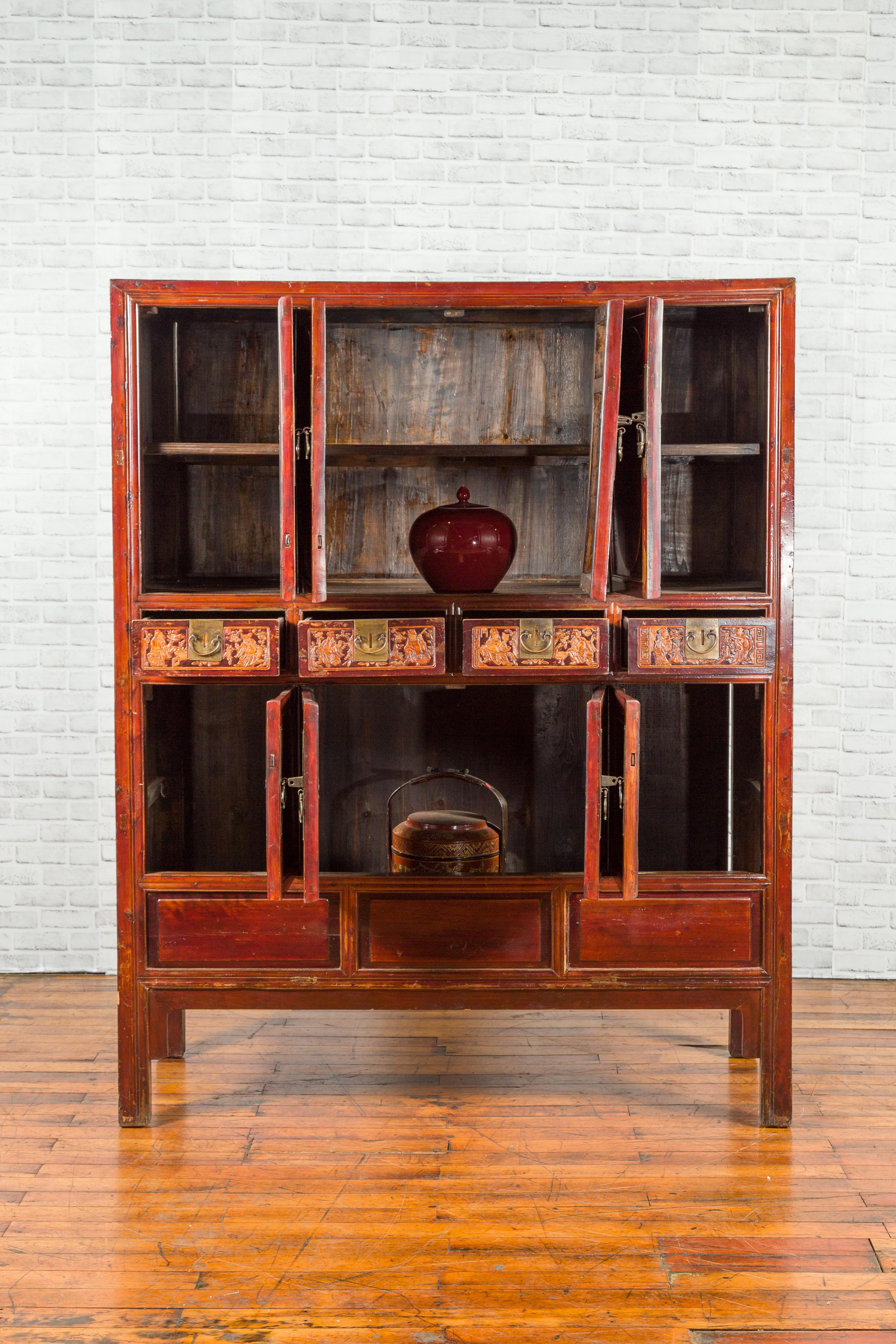 Chinese Qing Dynasty 19th Century Red Cabinet with Eight Doors and Four Drawers For Sale 13