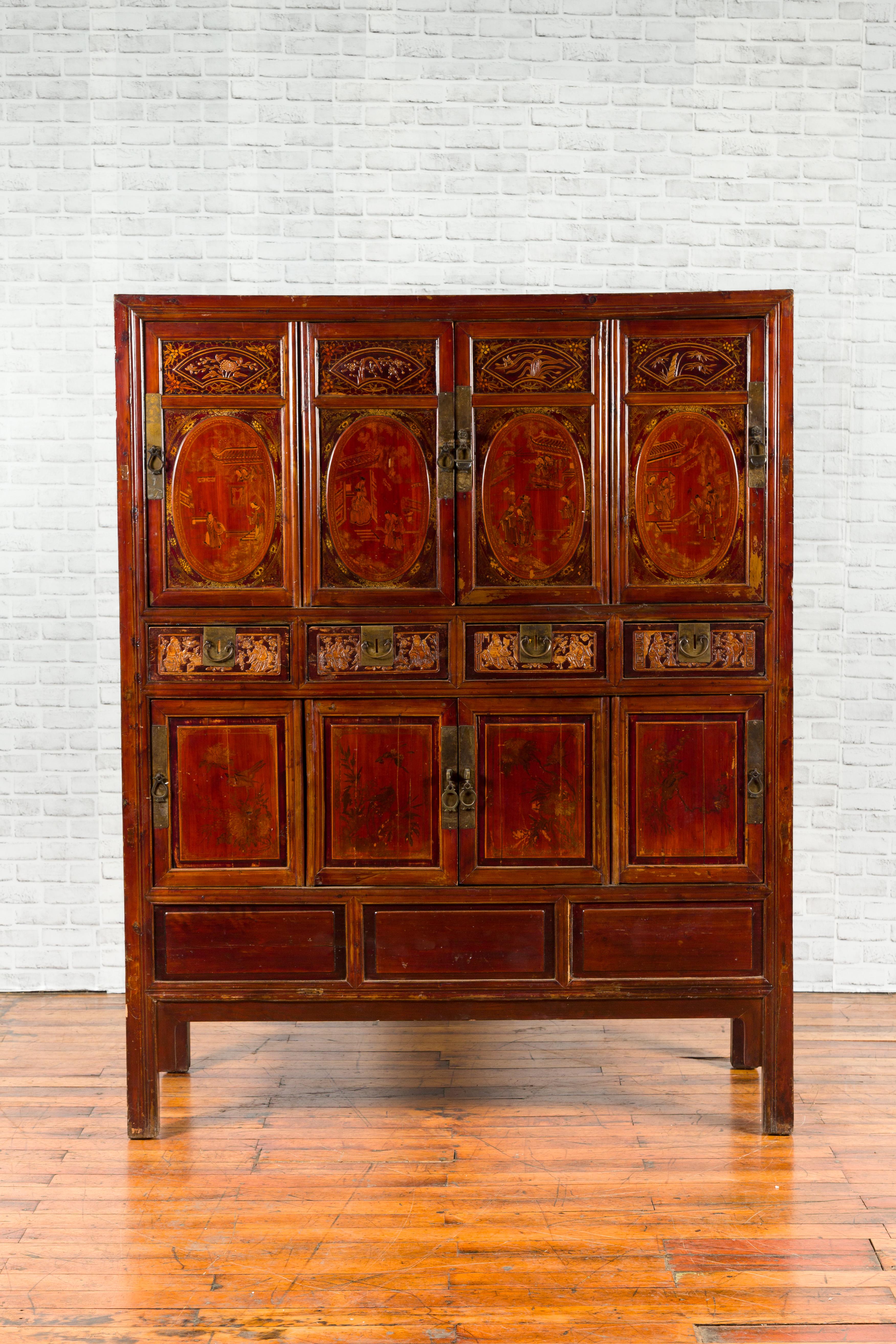 Chinese Qing Dynasty 19th Century Red Cabinet with Eight Doors and Four Drawers In Good Condition For Sale In Yonkers, NY