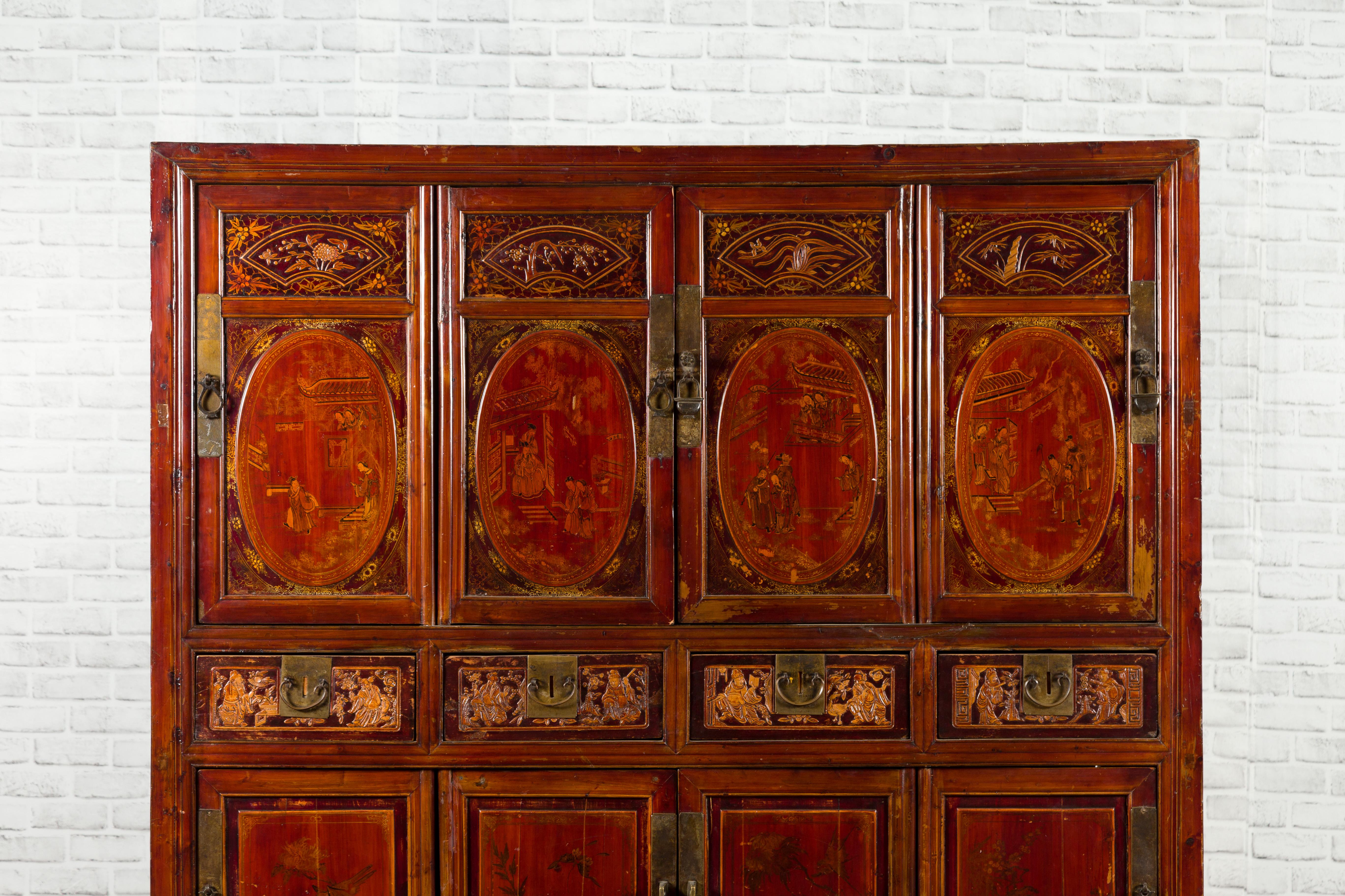 Wood Chinese Qing Dynasty 19th Century Red Cabinet with Eight Doors and Four Drawers For Sale