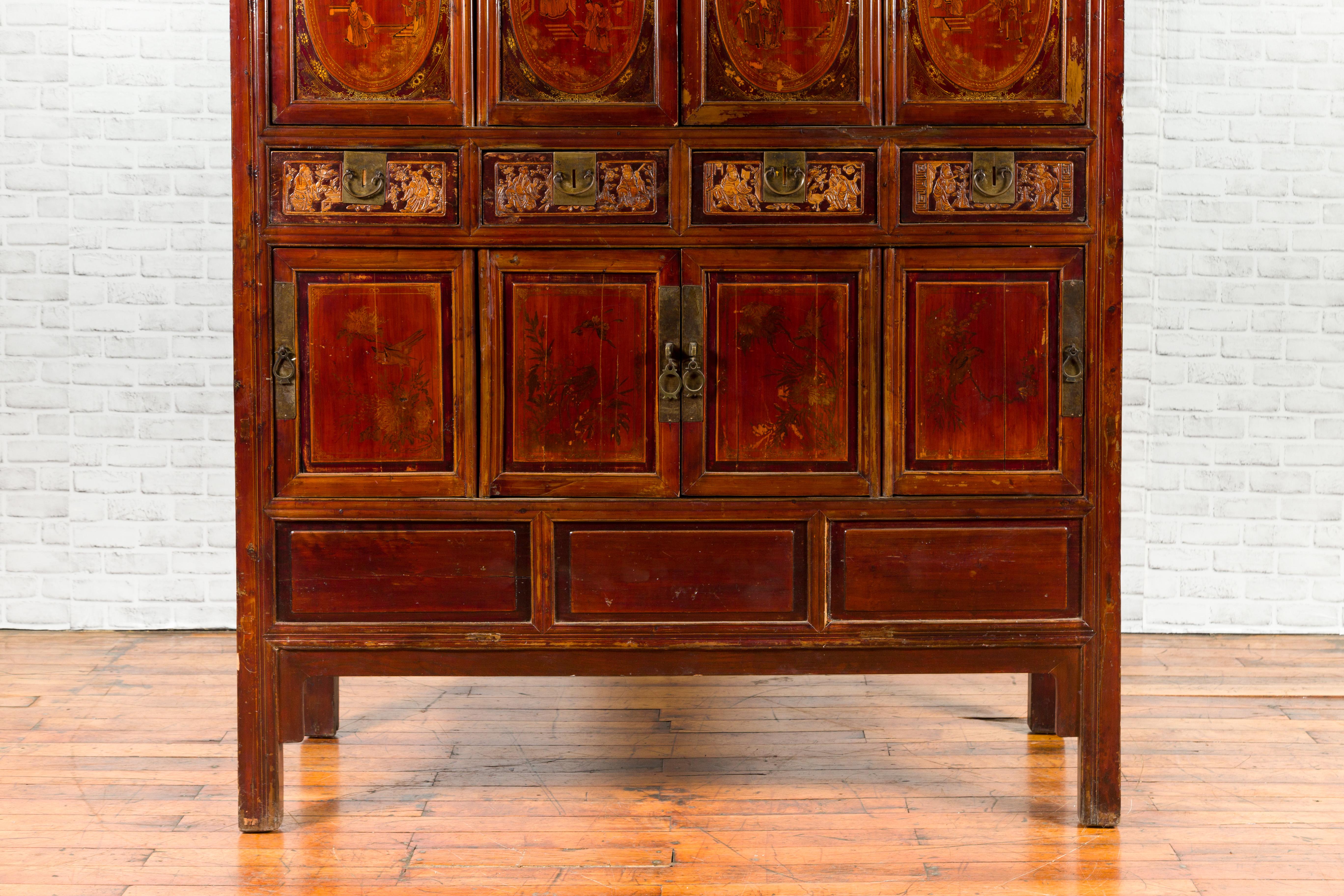 Chinese Qing Dynasty 19th Century Red Cabinet with Eight Doors and Four Drawers For Sale 1