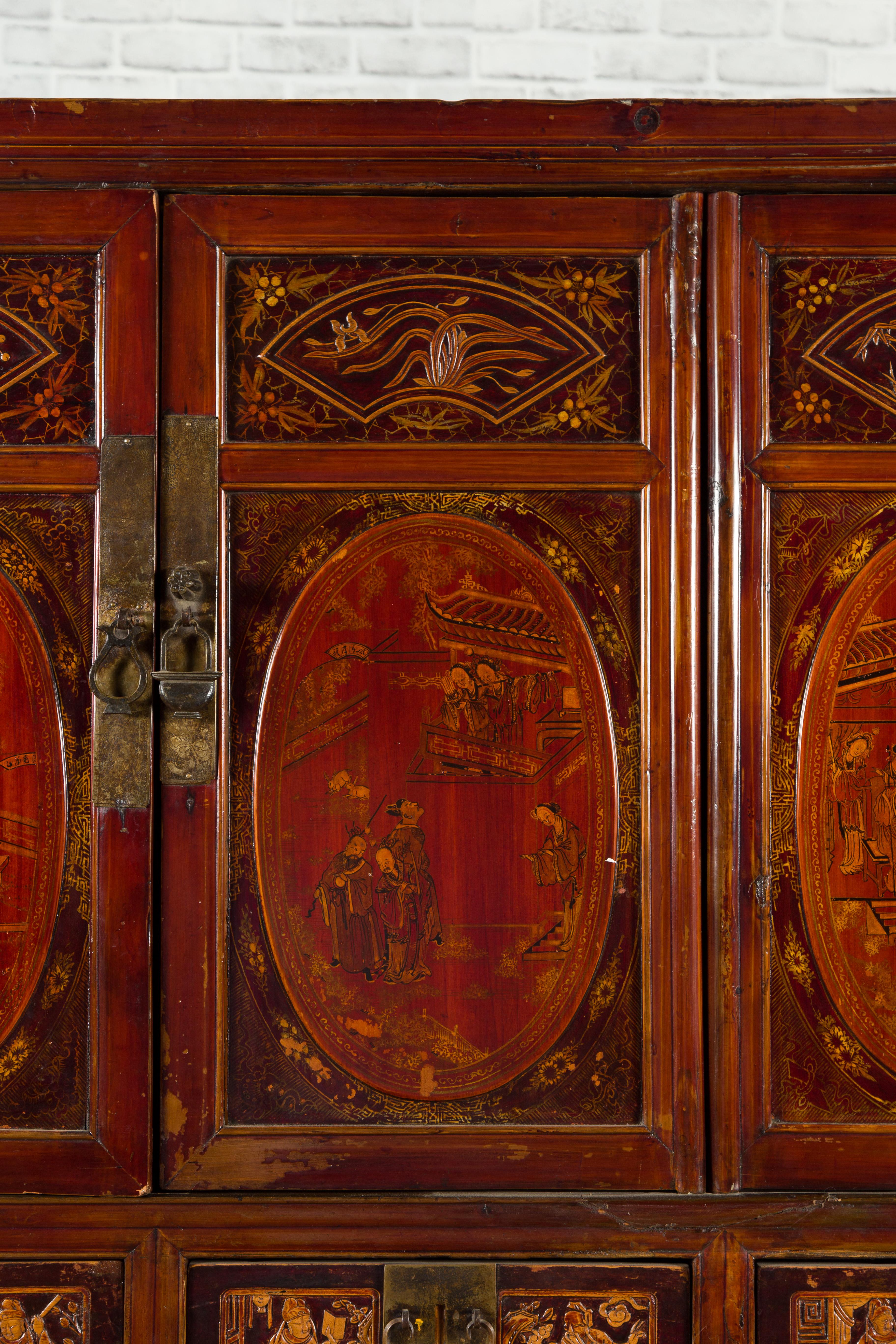 Chinese Qing Dynasty 19th Century Red Cabinet with Eight Doors and Four Drawers For Sale 4