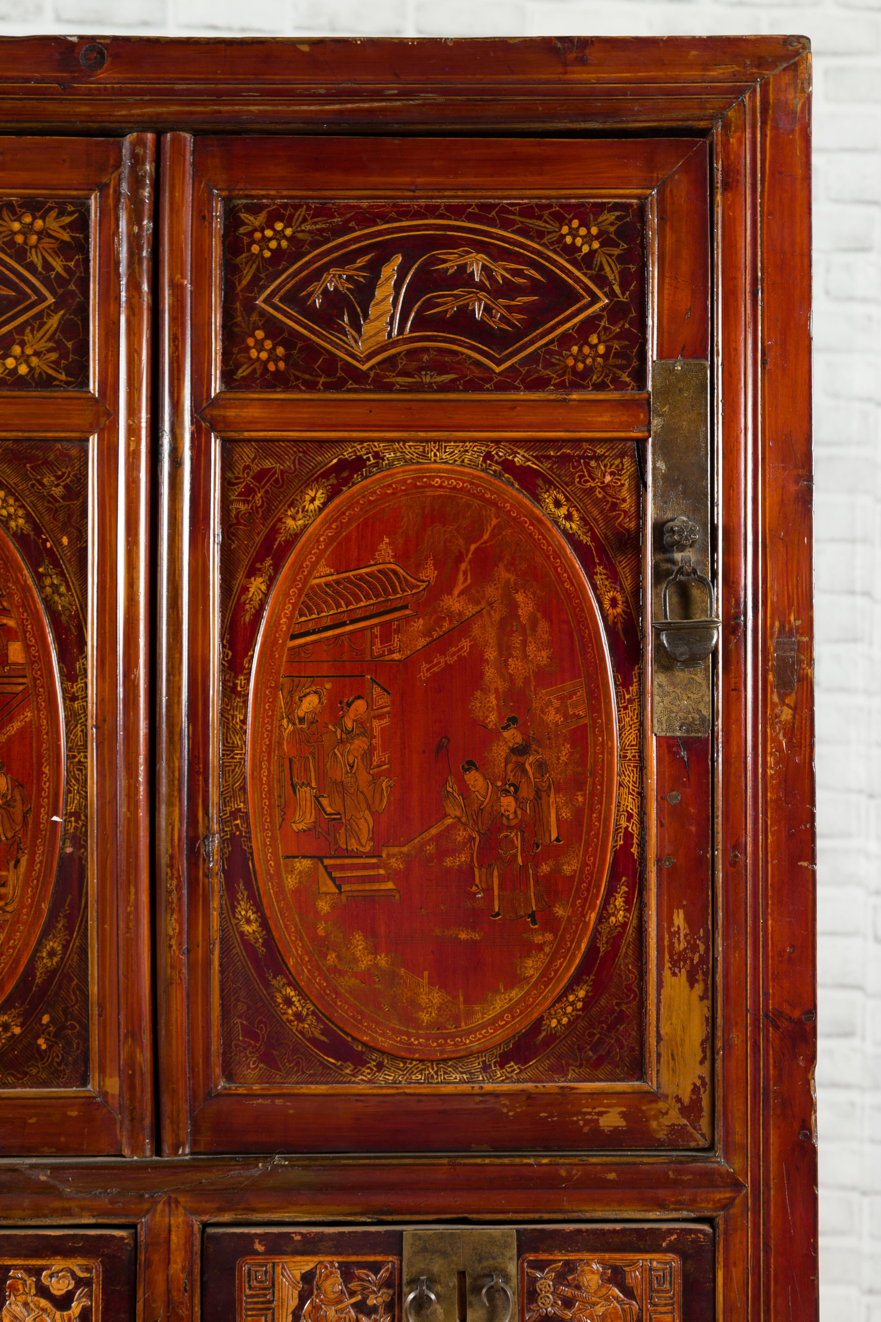 Chinese Qing Dynasty 19th Century Red Cabinet with Eight Doors and Four Drawers For Sale 5