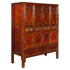 Chinese Qing Dynasty 19th Century Red Cabinet with Eight Doors and Four Drawers