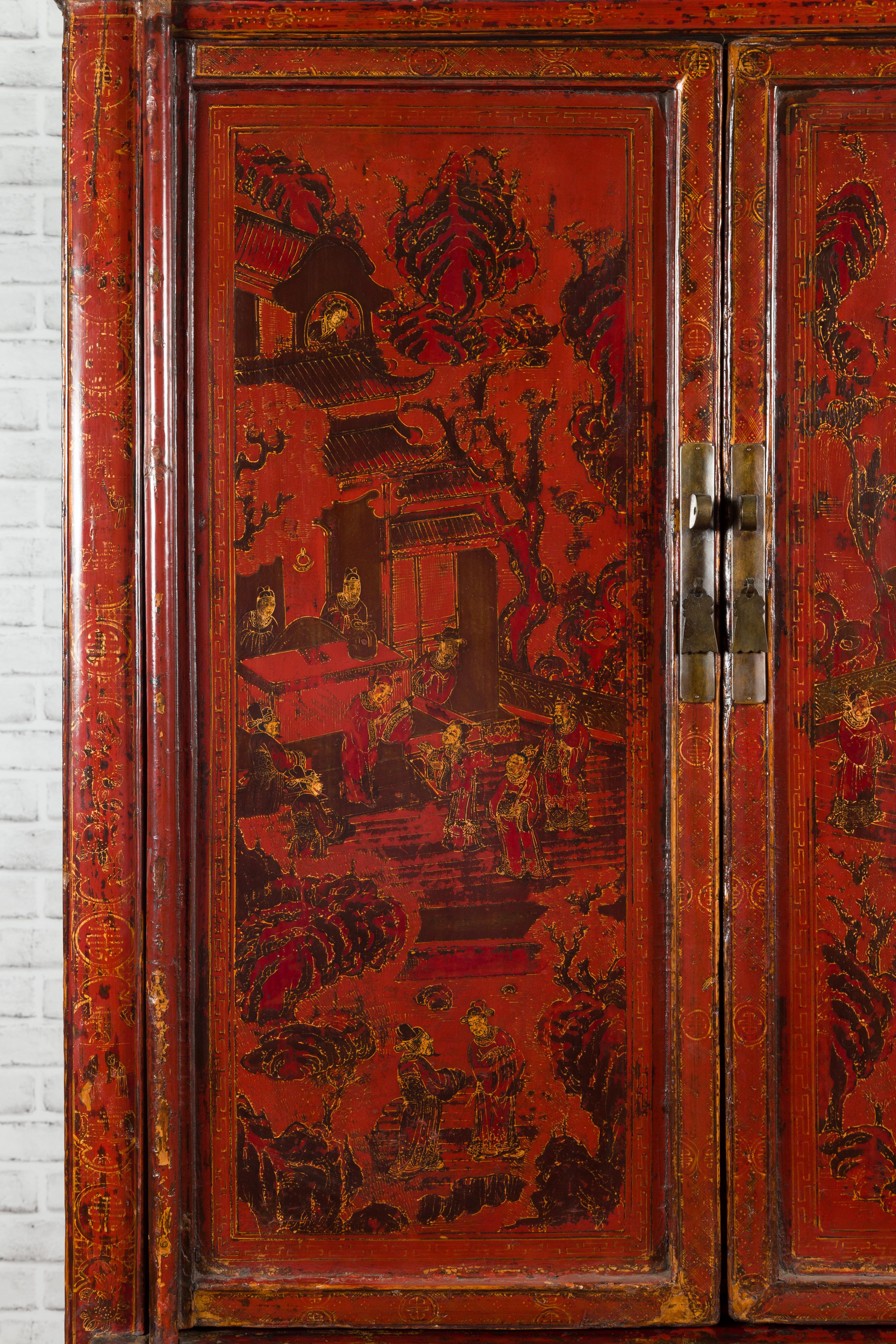 Chinese Qing Dynasty 19th Century Red Cabinet with Hand Painted Chinoiseries For Sale 6