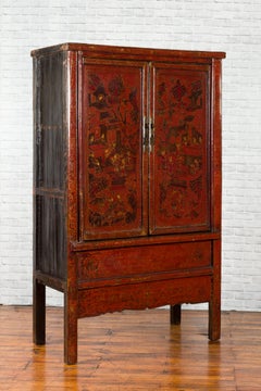 Qing Dynasty Period 19th Century Red Lacquered Cabinet with Hand Painted Décor