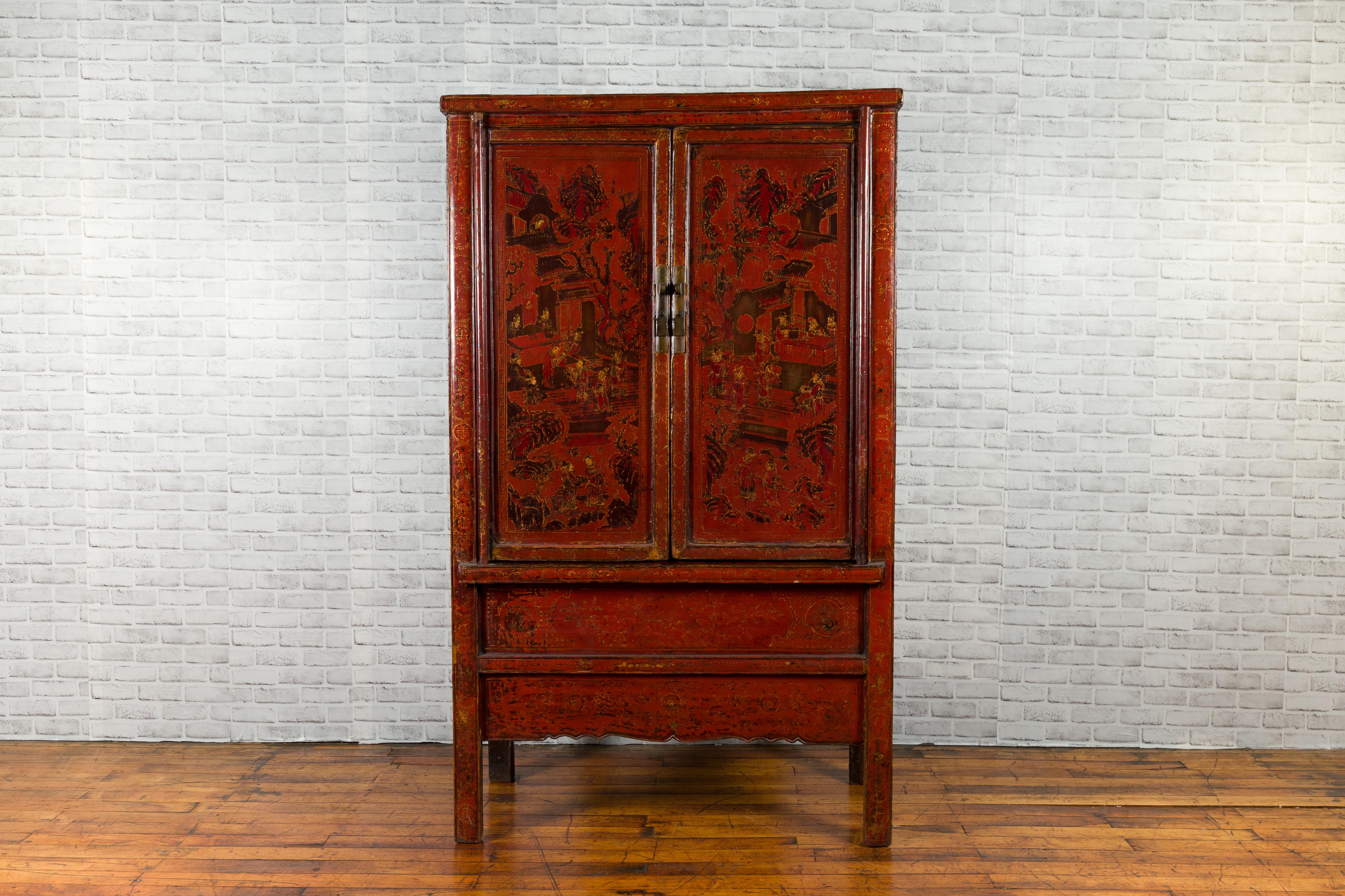 Hand-Painted Chinese Qing Dynasty 19th Century Red Cabinet with Hand Painted Chinoiseries For Sale