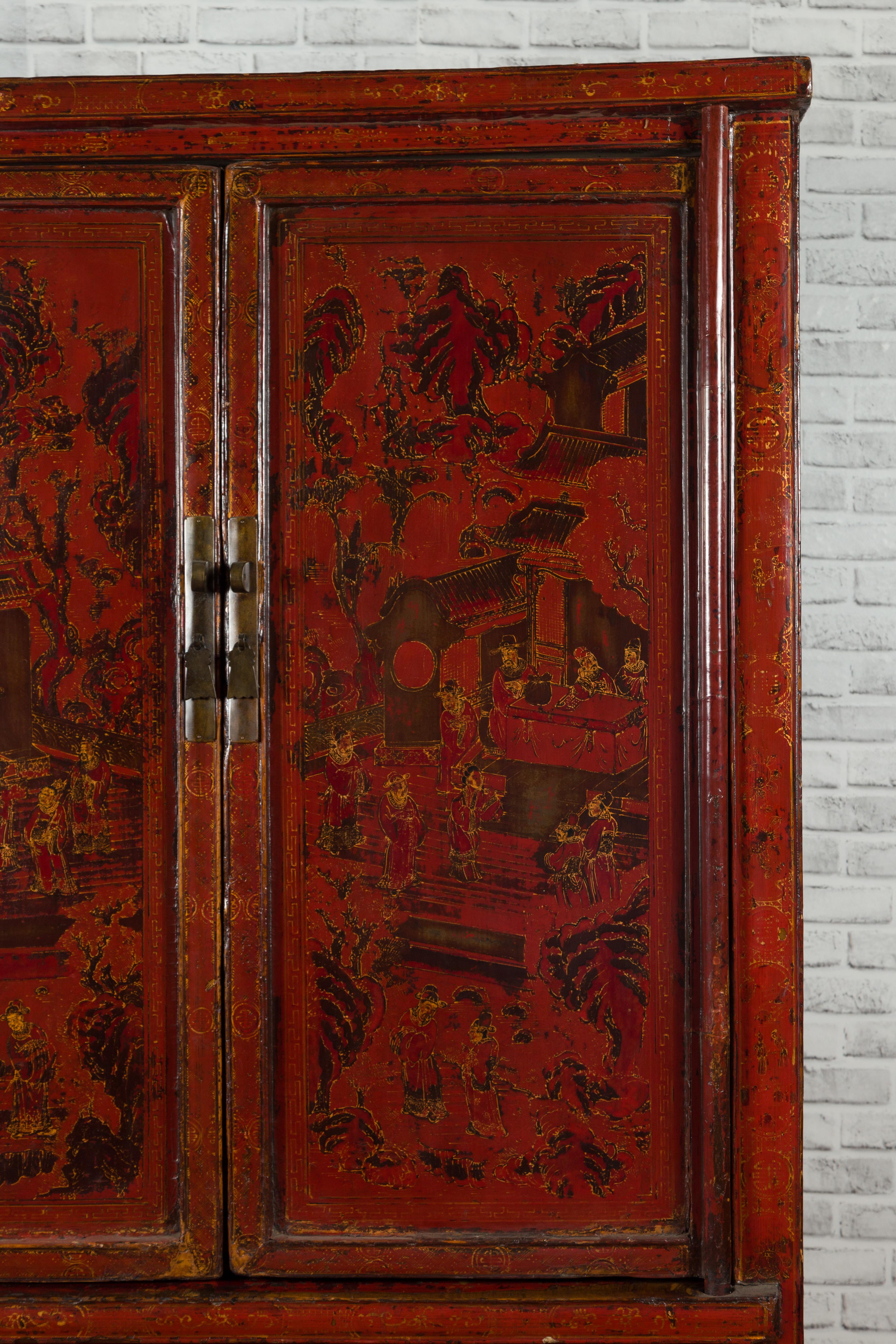 Chinese Qing Dynasty 19th Century Red Cabinet with Hand Painted Chinoiseries In Good Condition In Yonkers, NY