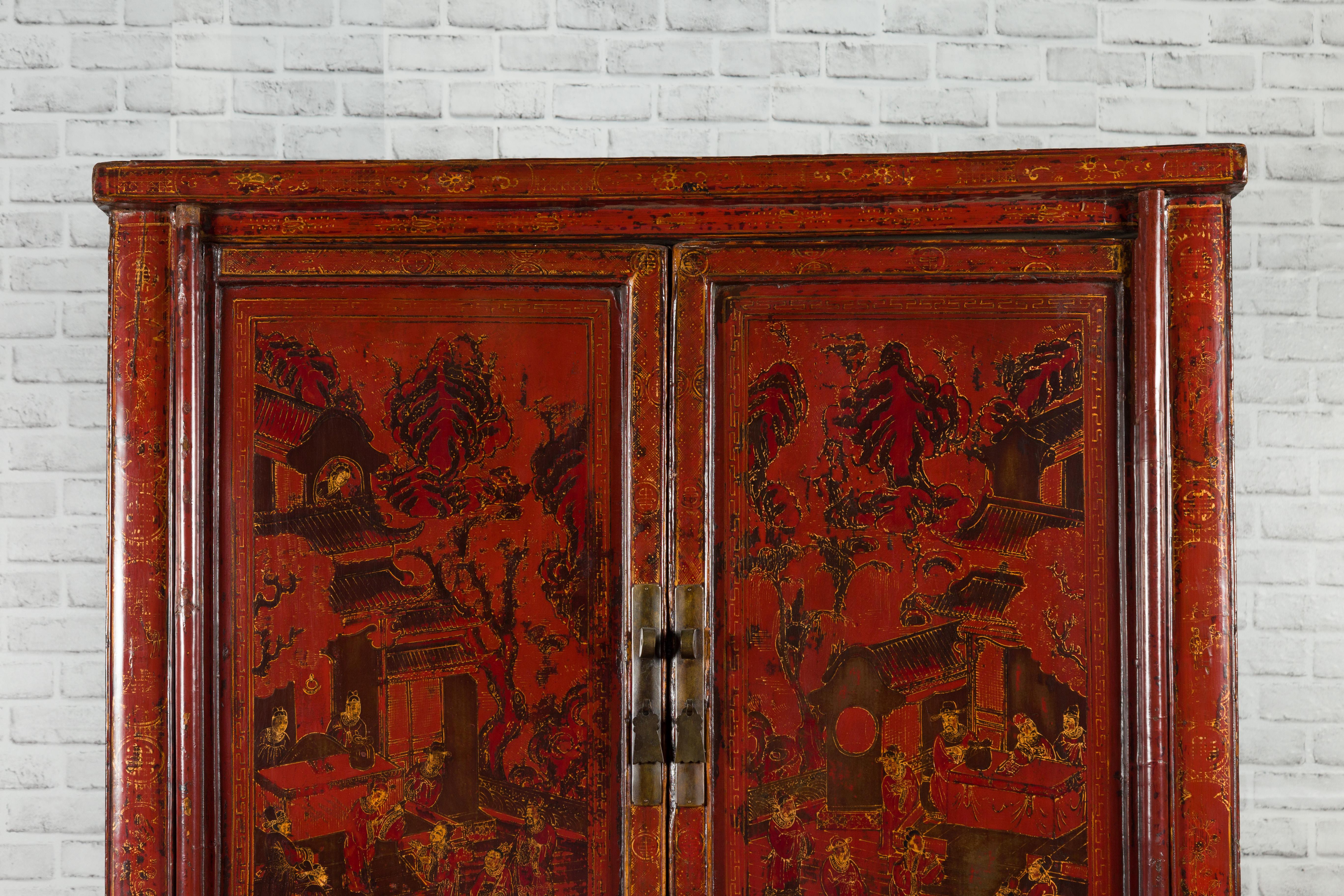 Chinese Qing Dynasty 19th Century Red Cabinet with Hand Painted Chinoiseries For Sale 2