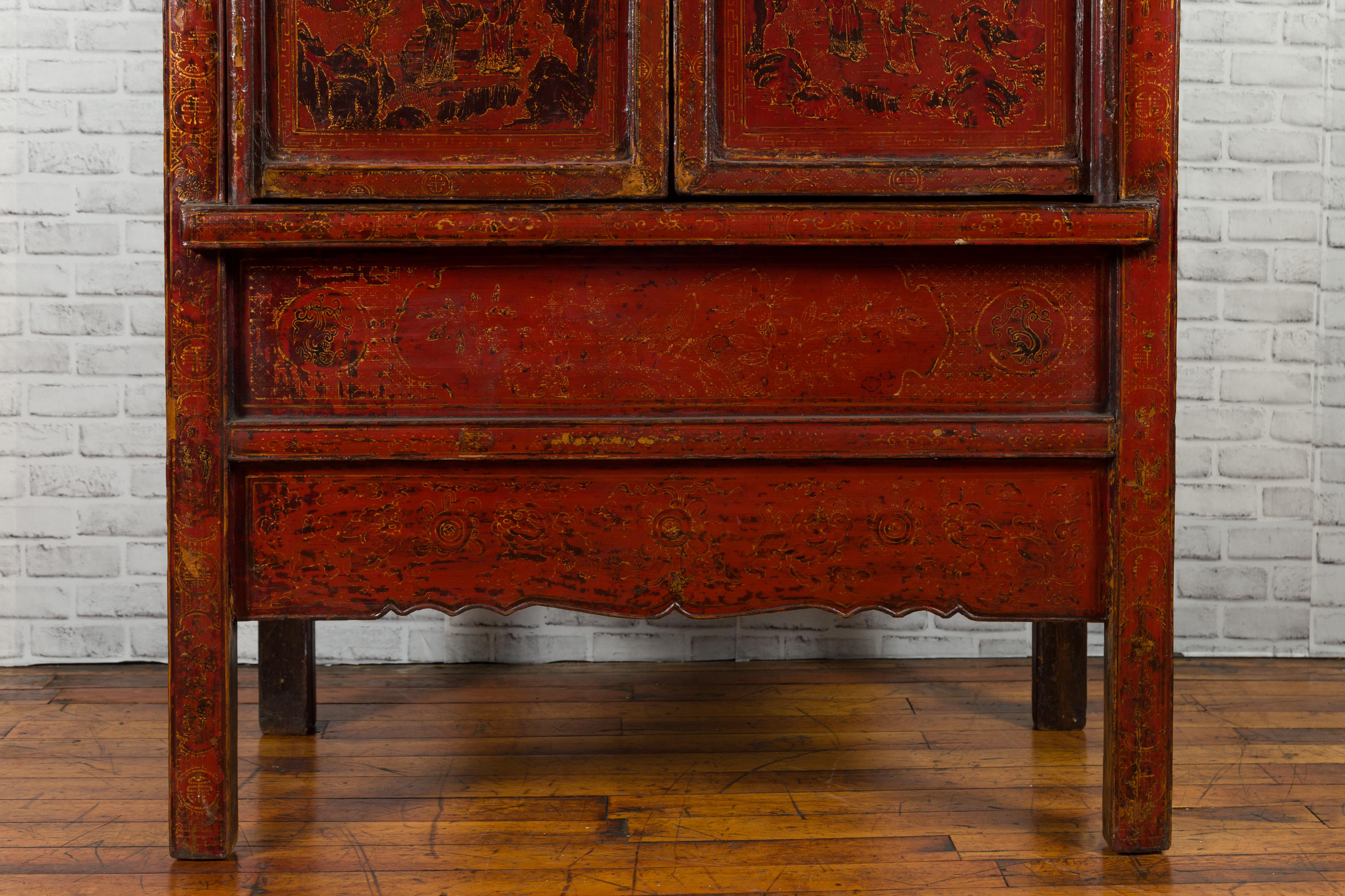 Chinese Qing Dynasty 19th Century Red Cabinet with Hand Painted Chinoiseries 3
